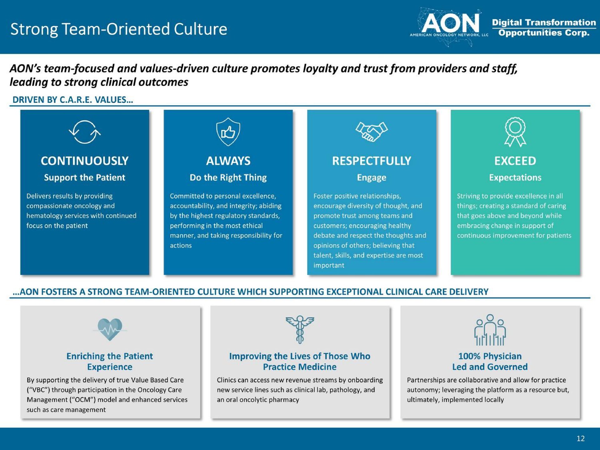 strong team oriented culture pee continuously team focused and values driven culture promotes loyalty and trust from providers and staff leading to strong clinical outcomes driven by a values respectfully always exceed as i | American Oncology Network