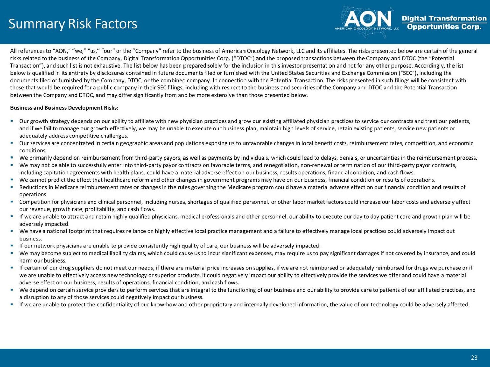 summary risk factors a | American Oncology Network