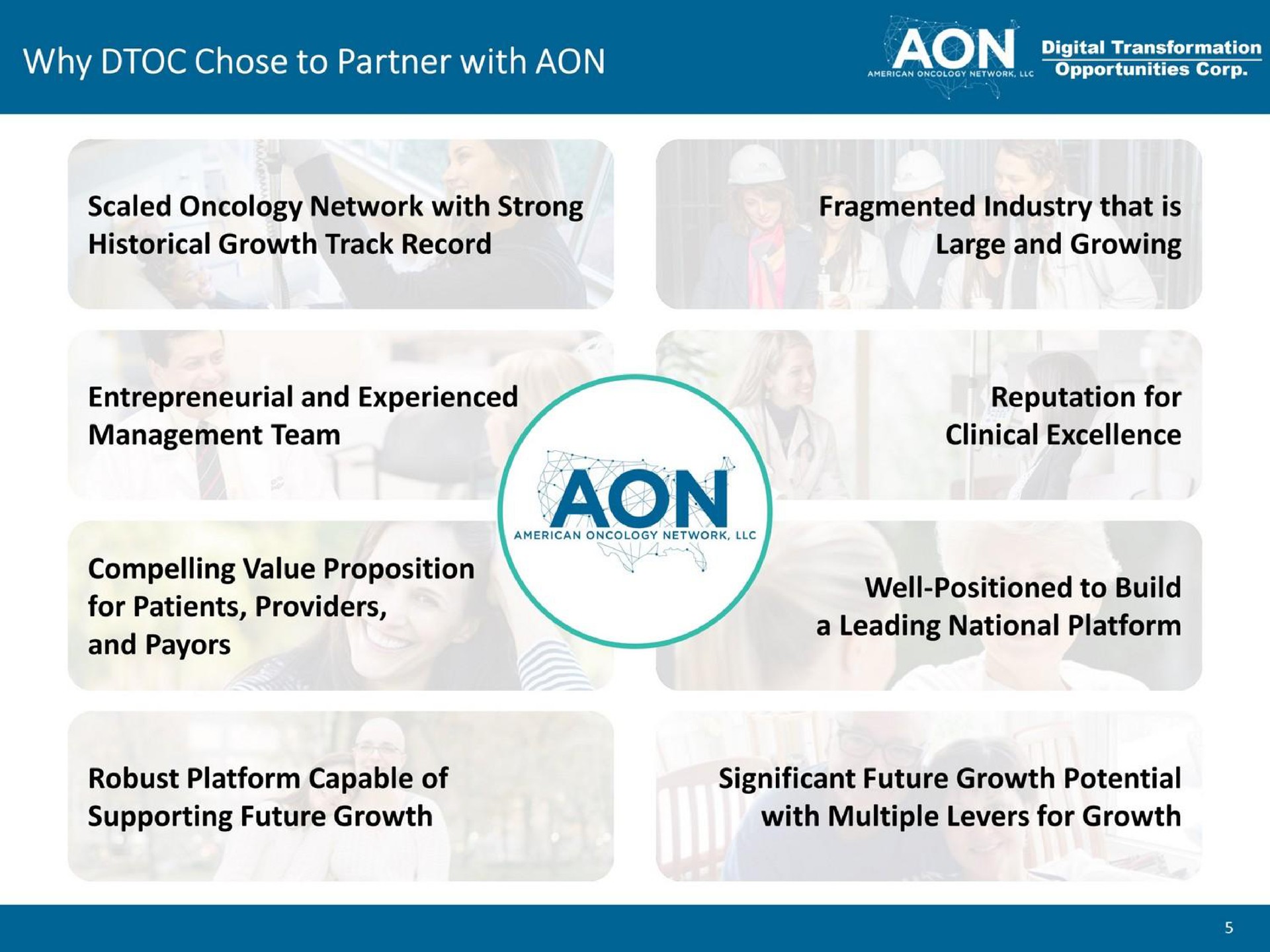 why chose to partner with scaled oncology network with strong historical growth track record fragmented industry that is large and growing entrepreneurial and experienced management team reputation for clinical excellence compelling value proposition for patients providers and well positioned to build a leading national platform robust platform capable of supporting future growth significant future growth potential with multiple levers for growth | American Oncology Network