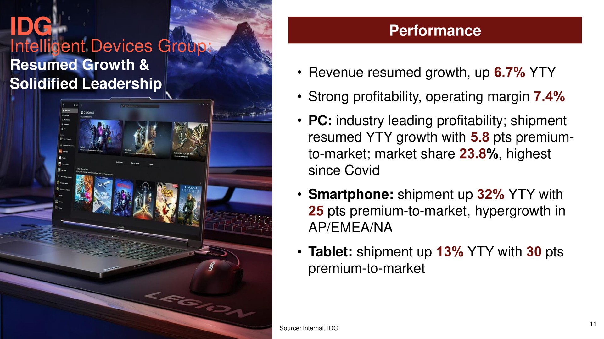 intelligent devices group resumed growth solidified leadership performance strong profitability operating margin with premium to market market share highest since covid shipment up with tablet shipment up with | Lenovo