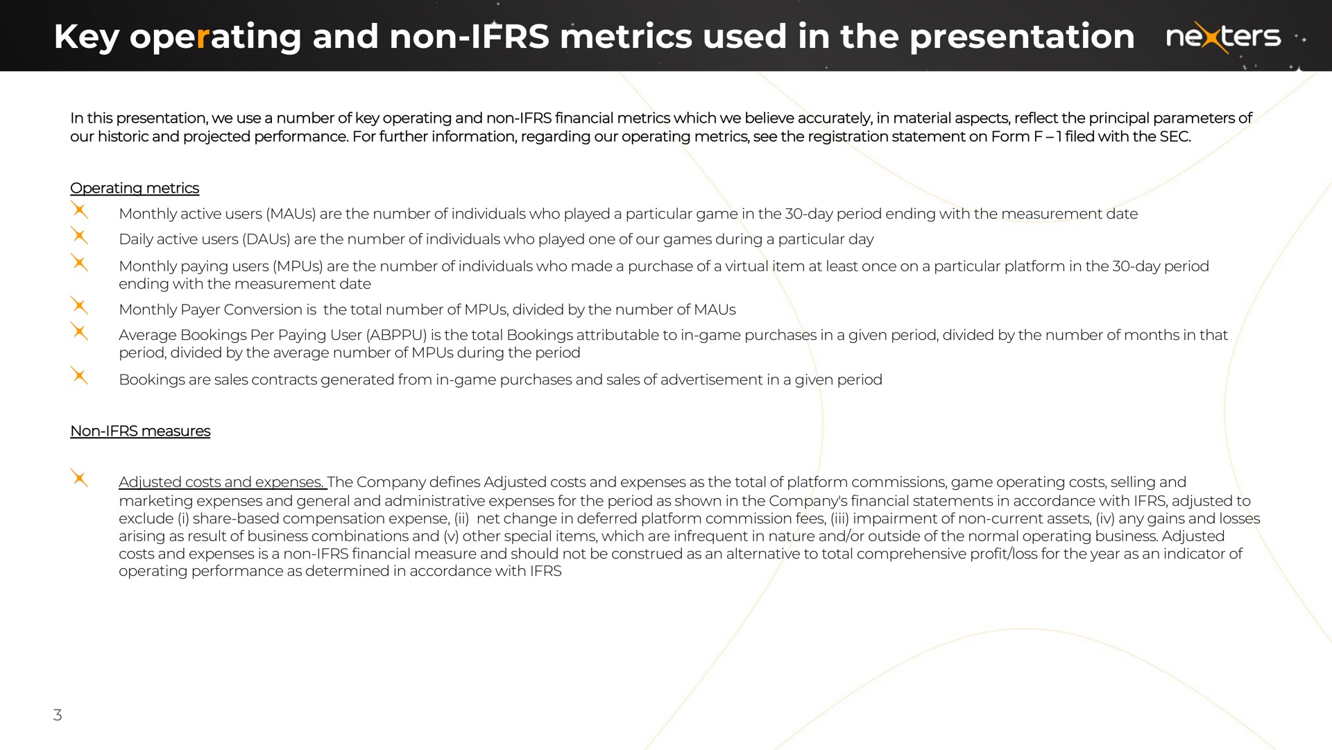 key operating and non metrics used in the presentation | Nexters
