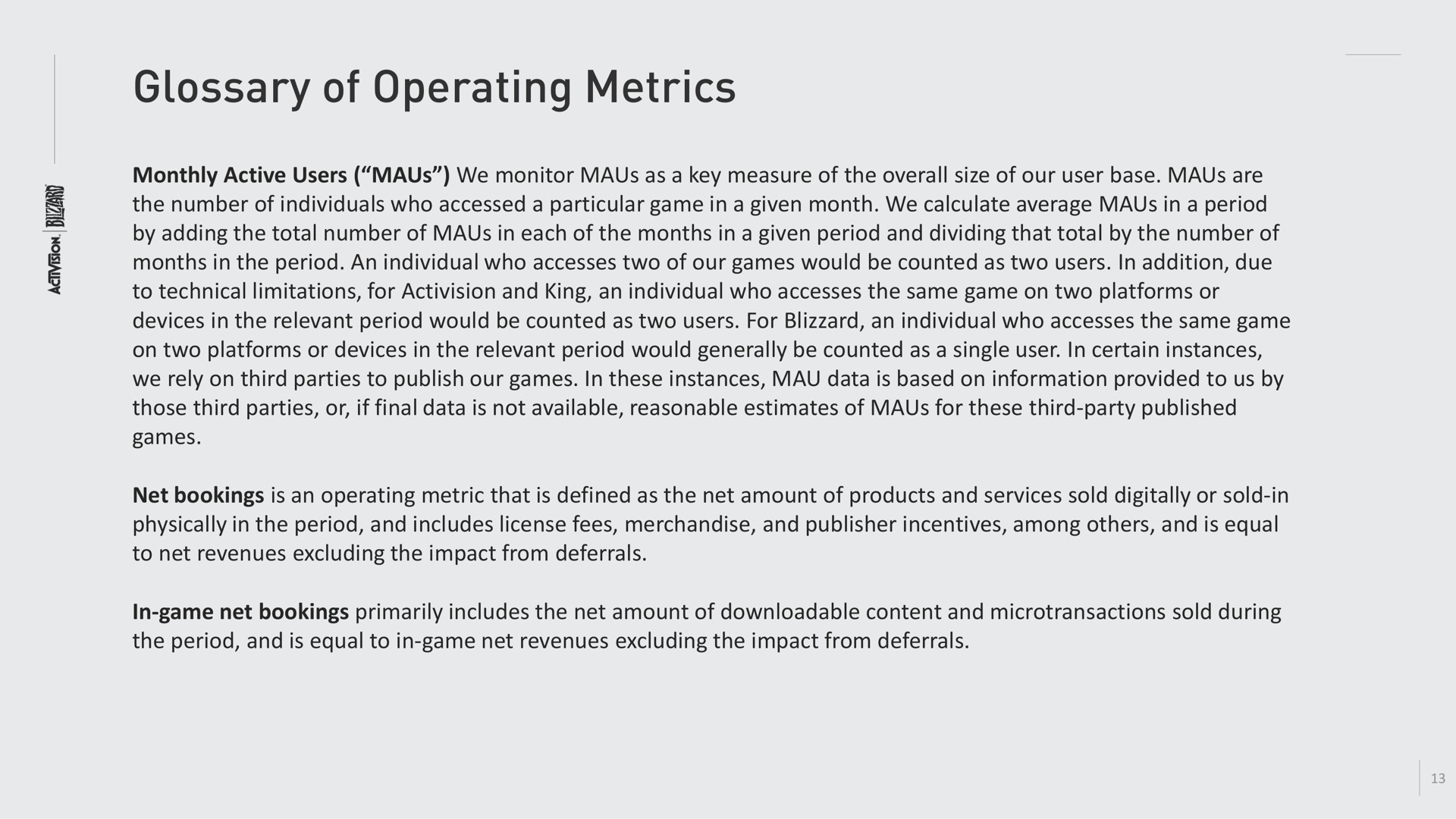 glossary of operating metrics | Activision Blizzard
