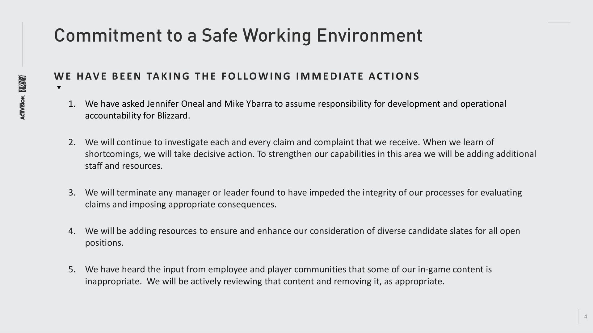 commitment to a safe working environment i i i i at a i | Activision Blizzard