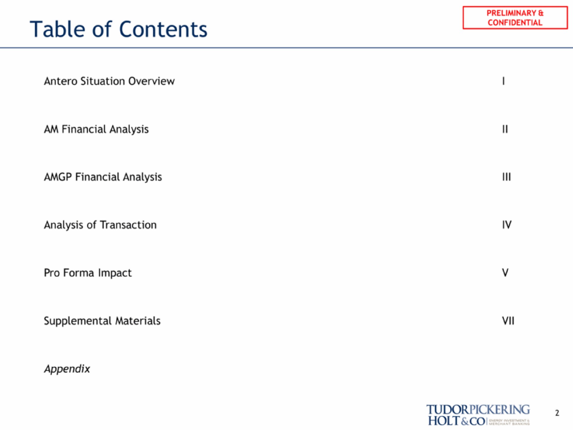 table of contents analysis of transaction supplemental materials confidential holt | Tudor, Pickering, Holt & Co