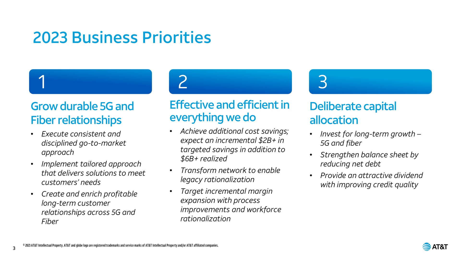 business priorities grow durable and fiber relationships effective and efficient in everything we do deliberate capital allocation consistent disciplined go to market approach implement tailored approach that delivers solutions to meet customers needs create enrich profitable long term customer across achieve additional cost savings expect an incremental targeted savings addition to realized transform network to enable legacy rationalization target incremental margin expansion with process improvements rationalization invest for long term growth strengthen balance sheet by reducing net debt with improving credit quality at | AT&T