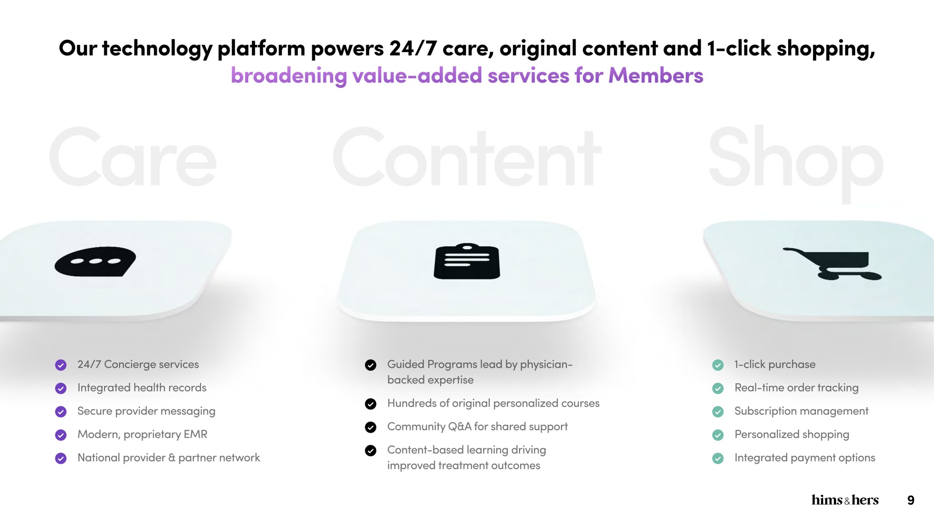 our technology platform powers care original content and click shopping broadening value added services for members | Hims & Hers