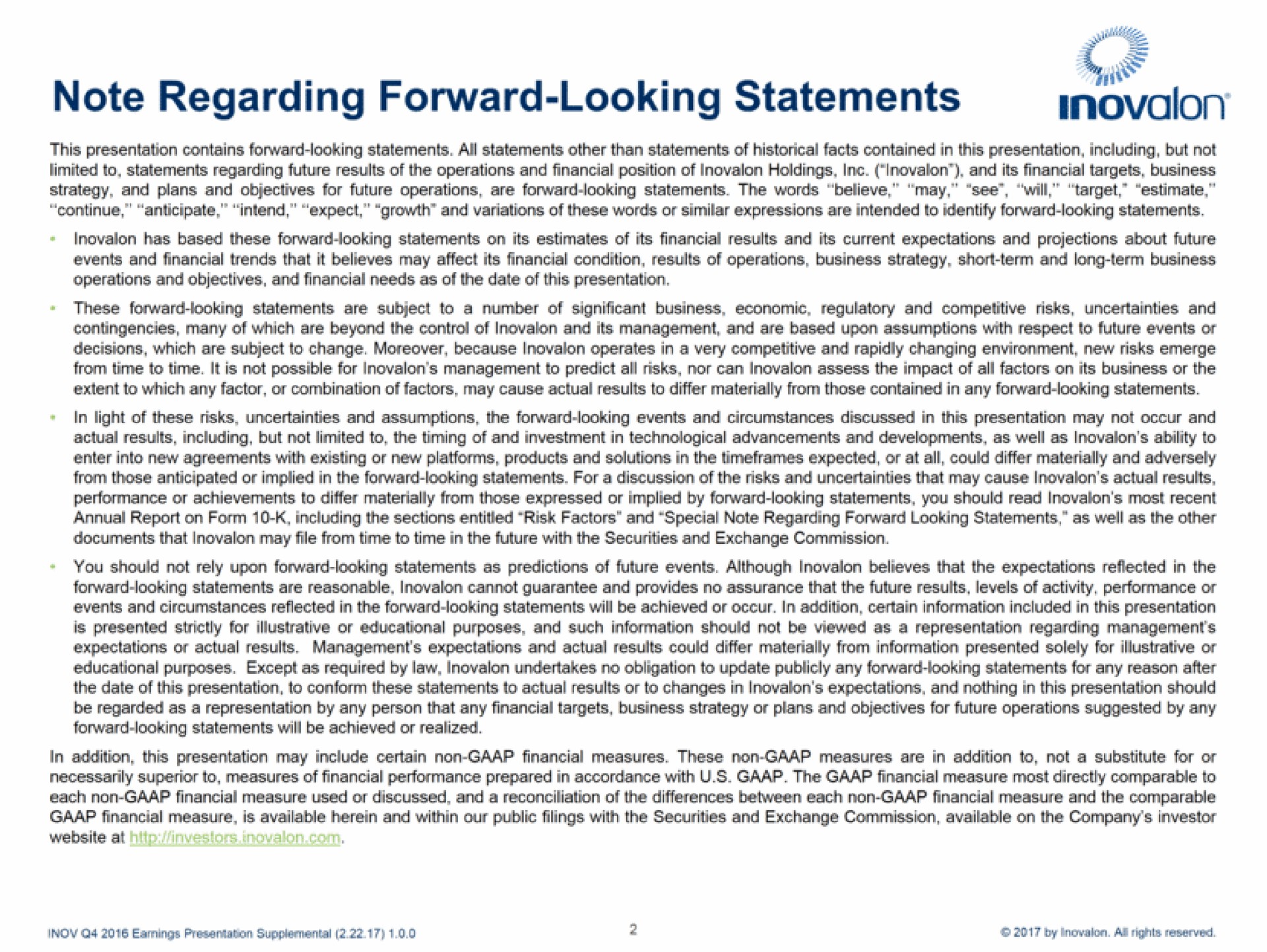 note regarding forward looking statements | Inovalon