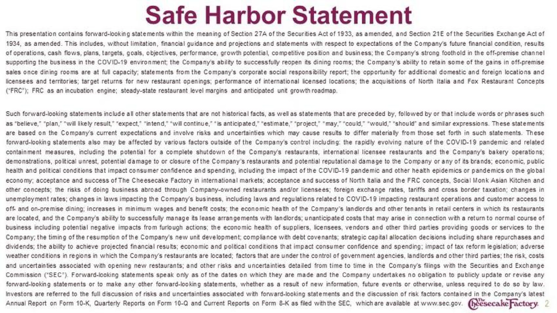 safe harbor statement | Cheesecake Factory