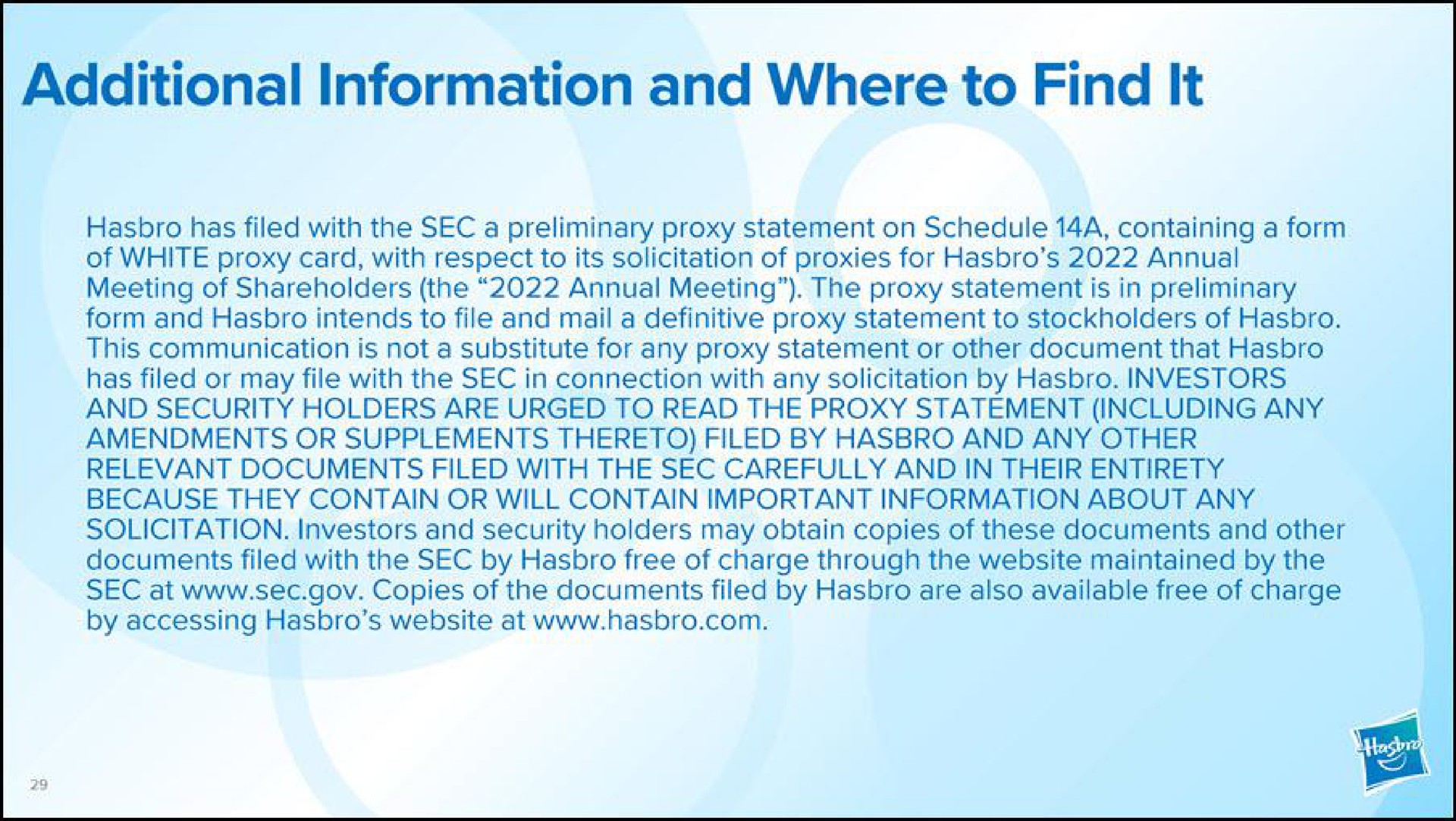 additional information and where to find it | Hasbro