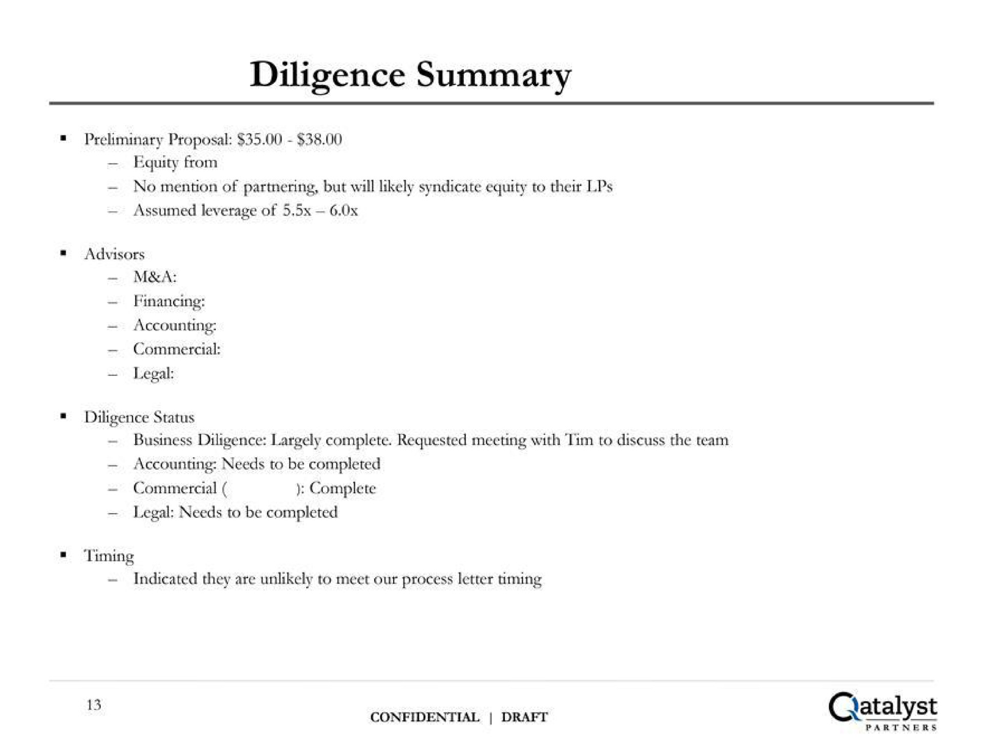 diligence summary | Qatalyst Partners