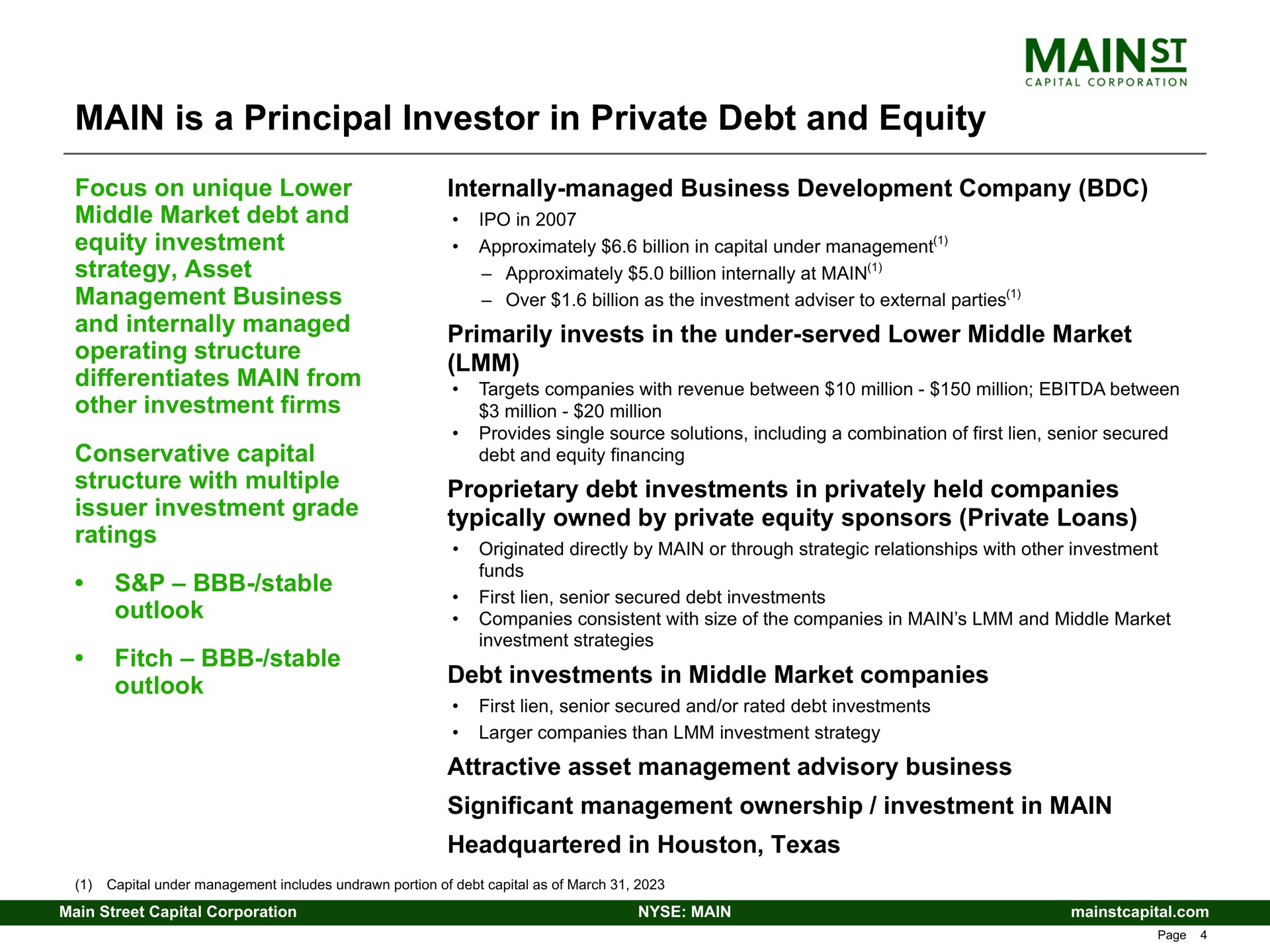 main is a principal investor in private debt and equity focus on unique lower middle market debt and equity investment strategy asset management business and internally managed operating structure differentiates main from other investment firms conservative capital structure with multiple issuer investment grade ratings stable outlook fitch stable outlook internally managed business development company primarily invests in the under served lower middle market proprietary debt investments in privately held companies typically owned by private equity sponsors private loans debt investments in middle market companies attractive asset management advisory business significant management ownership investment in main headquartered in | Main Street Capital