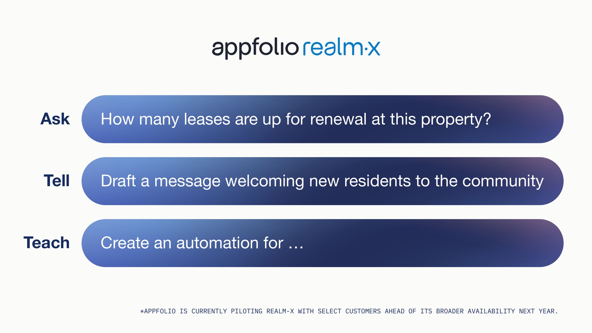 ask how many leases are up for renewal at this property tell draft a message welcoming new residents to the community teach create an for | AppFolio