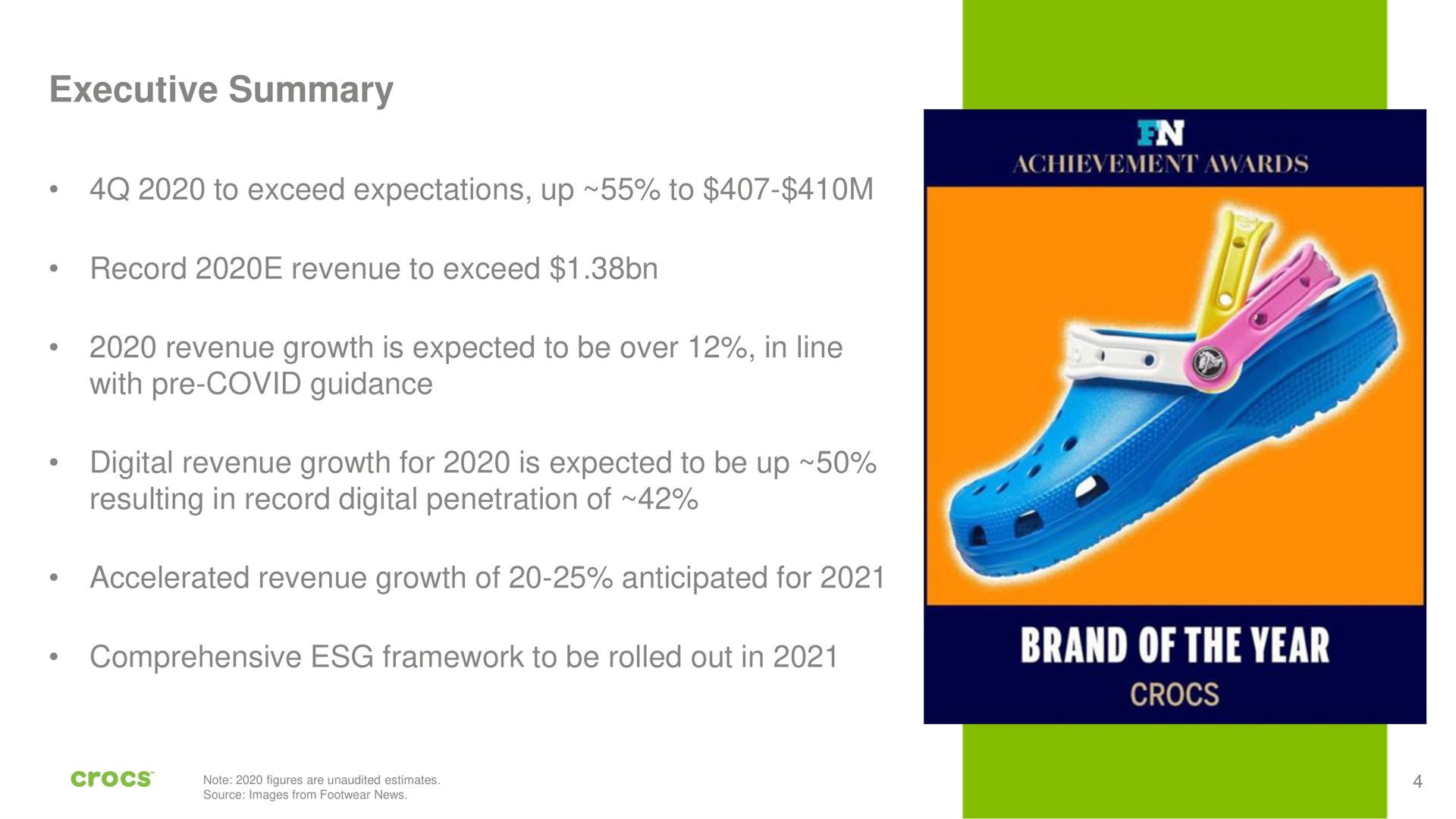 executive summary to exceed expectations up to record revenue to exceed revenue growth is expected to be over in line with covid guidance digital revenue growth for is expected to be up resulting in record digital penetration of accelerated revenue growth of anticipated for comprehensive framework to be rolled out in | Crocs