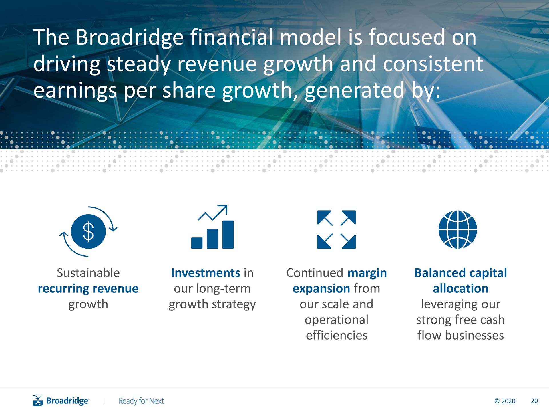 the financial model is focused on driving steady revenue growth and consistent earnings per share growth generated by as | Broadridge Financial Solutions