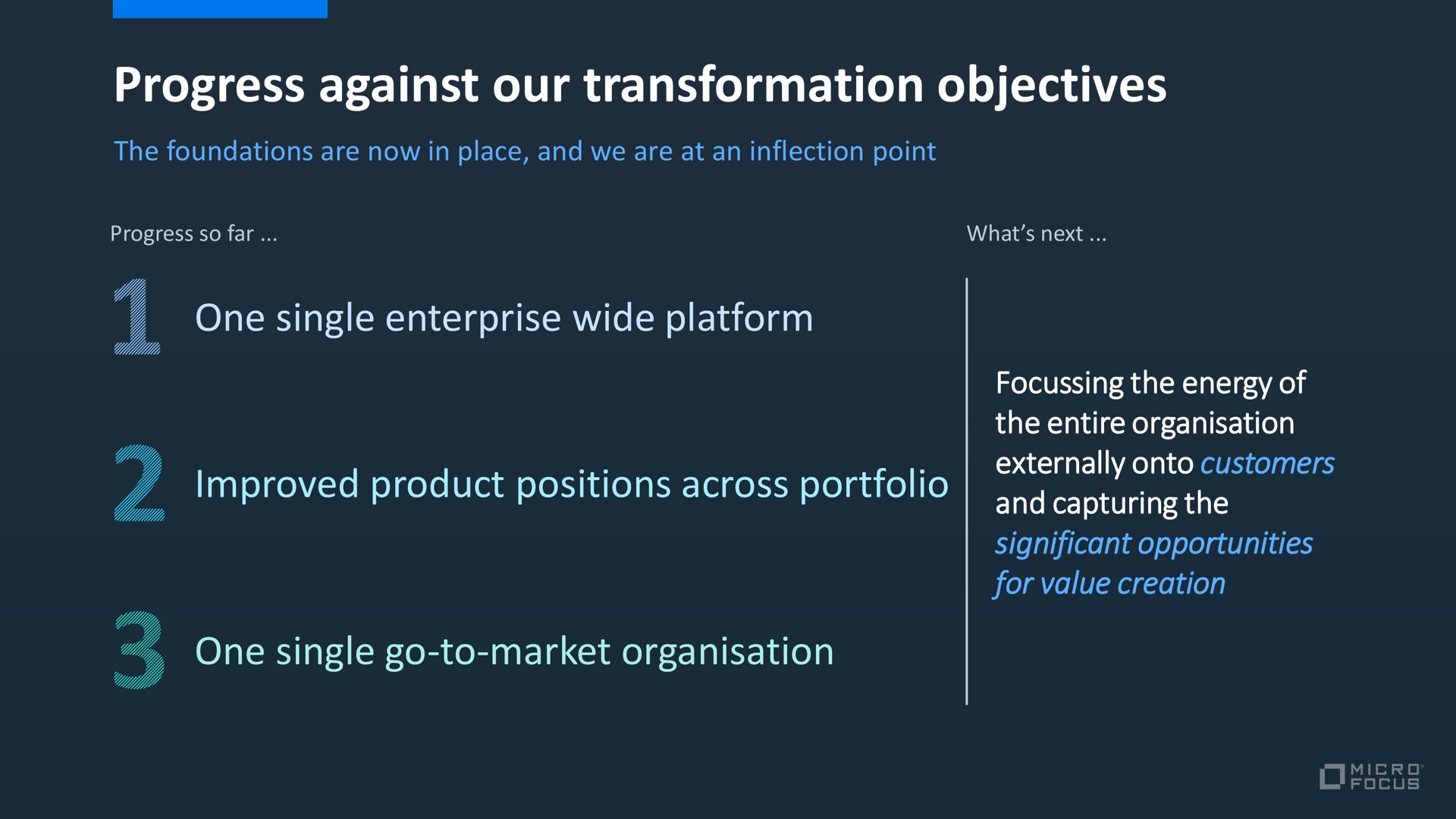 progress against our transformation objectives one single enterprise wide platform improved product positions across portfolio one single go to market | Micro Focus