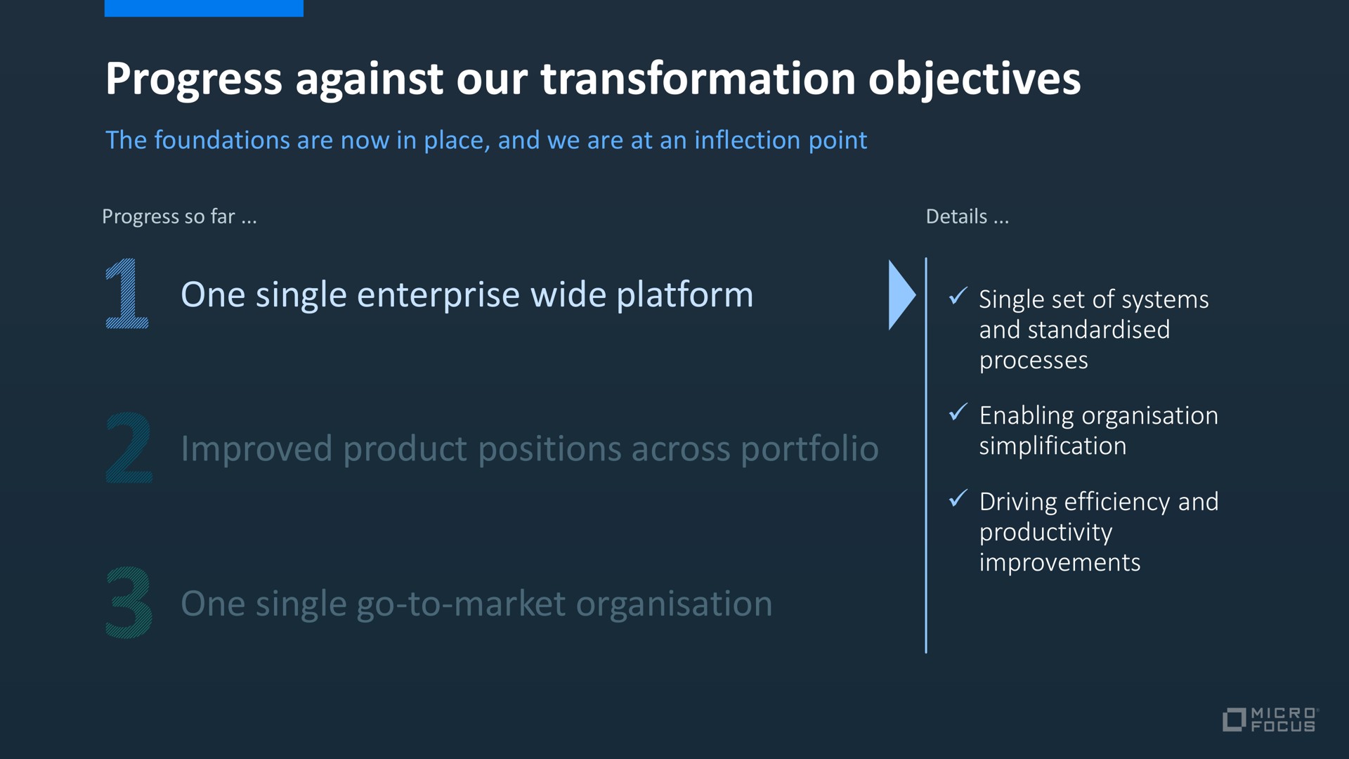 progress against our transformation objectives one single enterprise wide platform improved product positions across portfolio one single go to market ast | Micro Focus