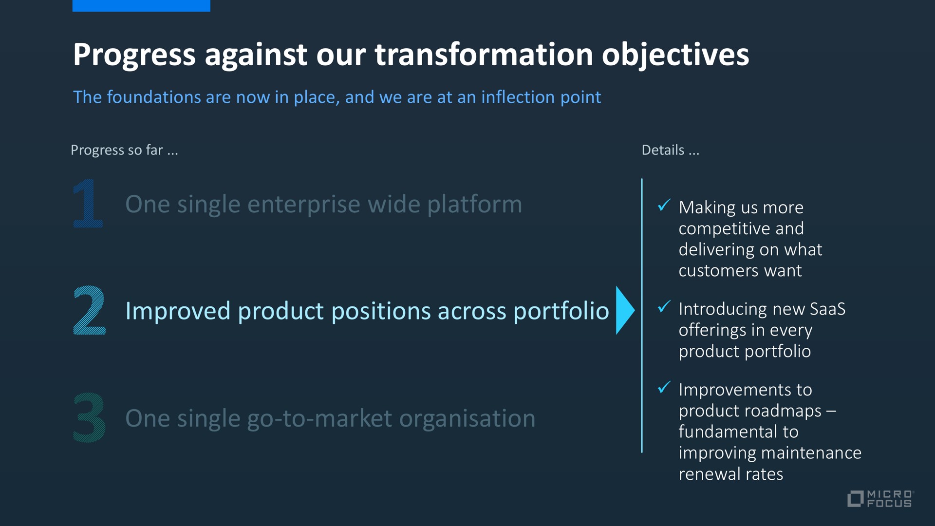 progress against our transformation objectives one single enterprise wide platform improved product positions across portfolio one single go to market introducing new | Micro Focus