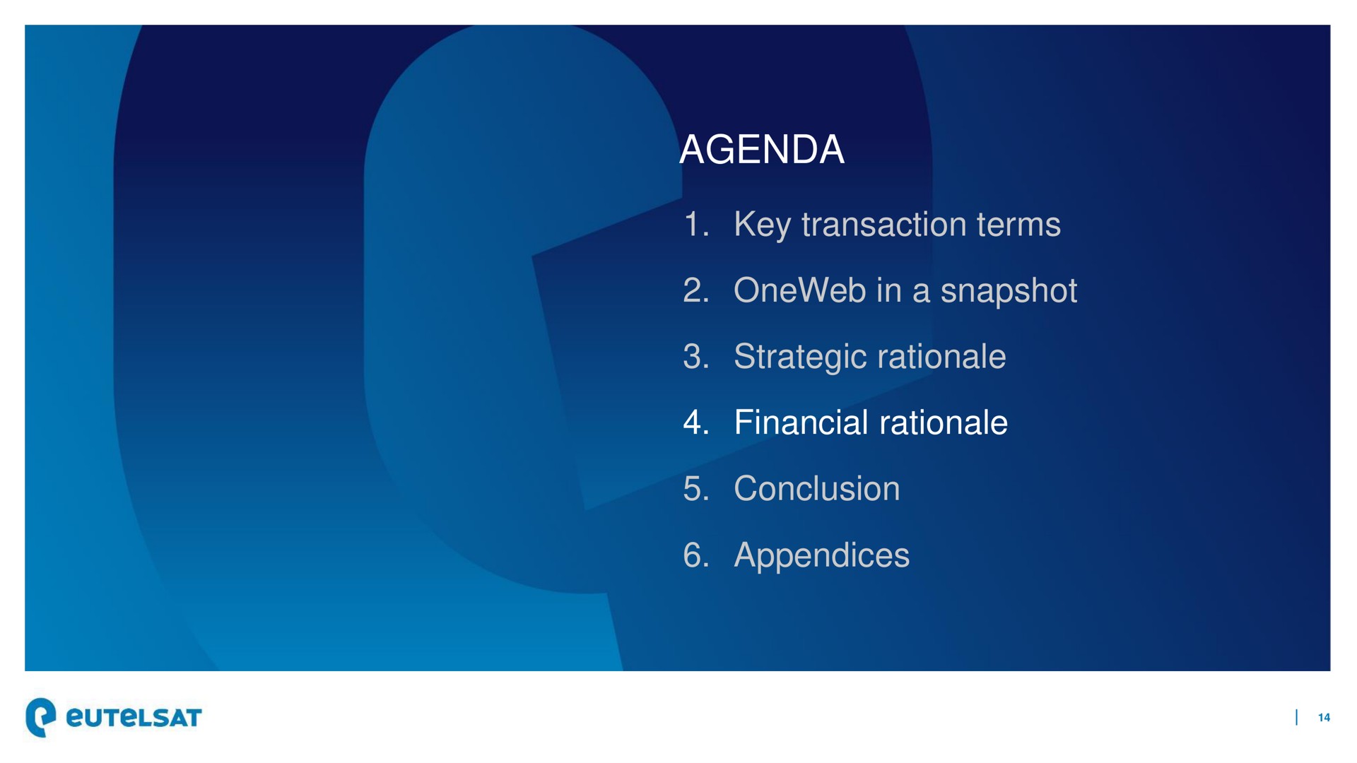 agenda key transaction terms in a snapshot strategic rationale financial rationale conclusion appendices if | Eutelsat
