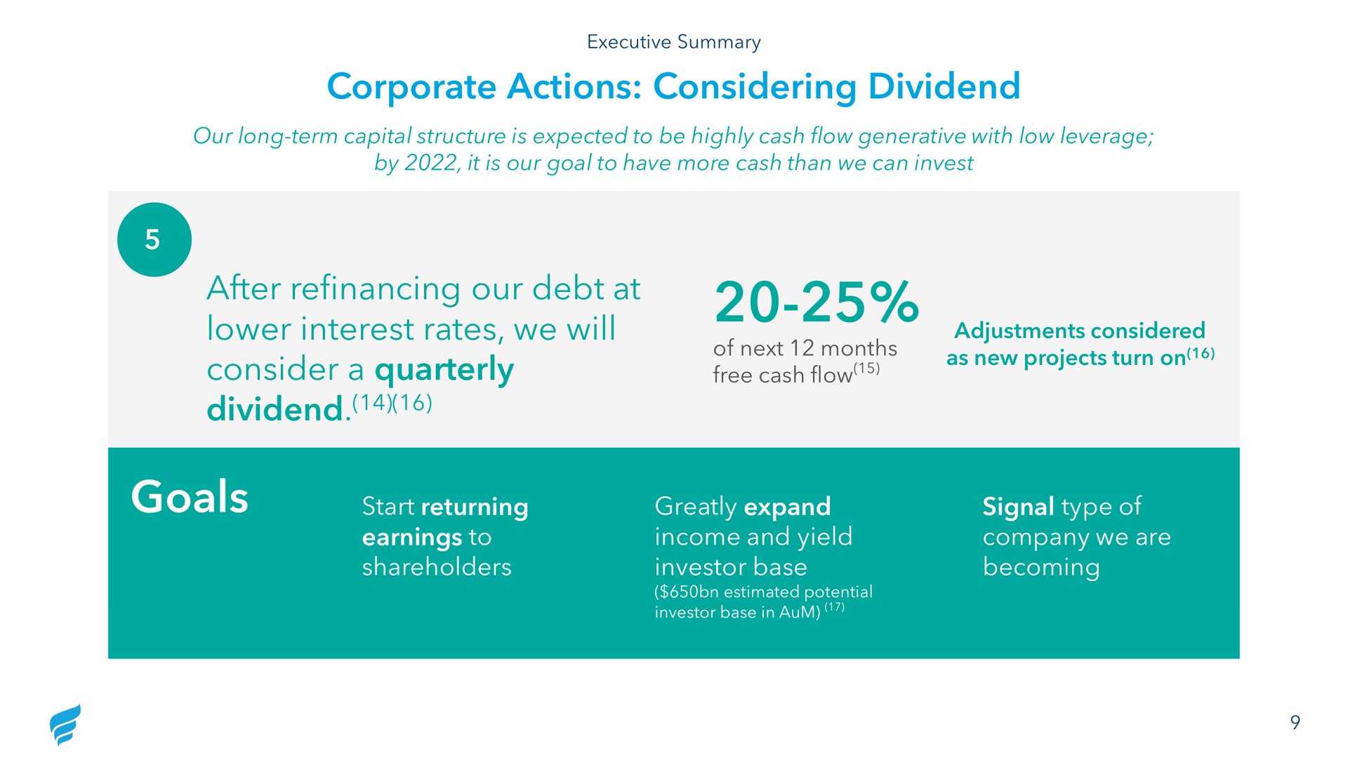 corporate actions considering dividend after refinancing our debt at lower interest rates we will consider a quarterly dividend goals free cash flow new start returning earnings to shareholders greatly expand income and yield investor base signal type of company are becoming | NewFortress Energy