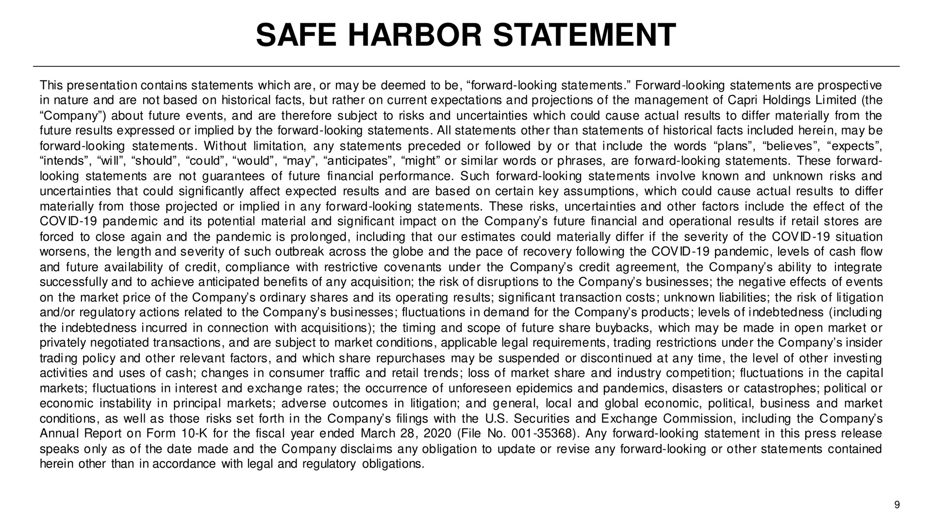 safe harbor statement | Capri Holdings