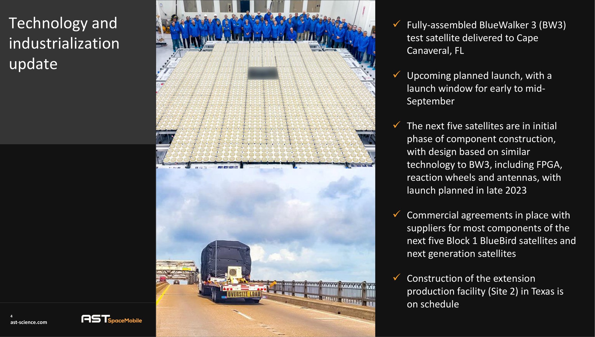 technology and industrialization update next five block bluebird satellites production facility site in is | AST SpaceMobile