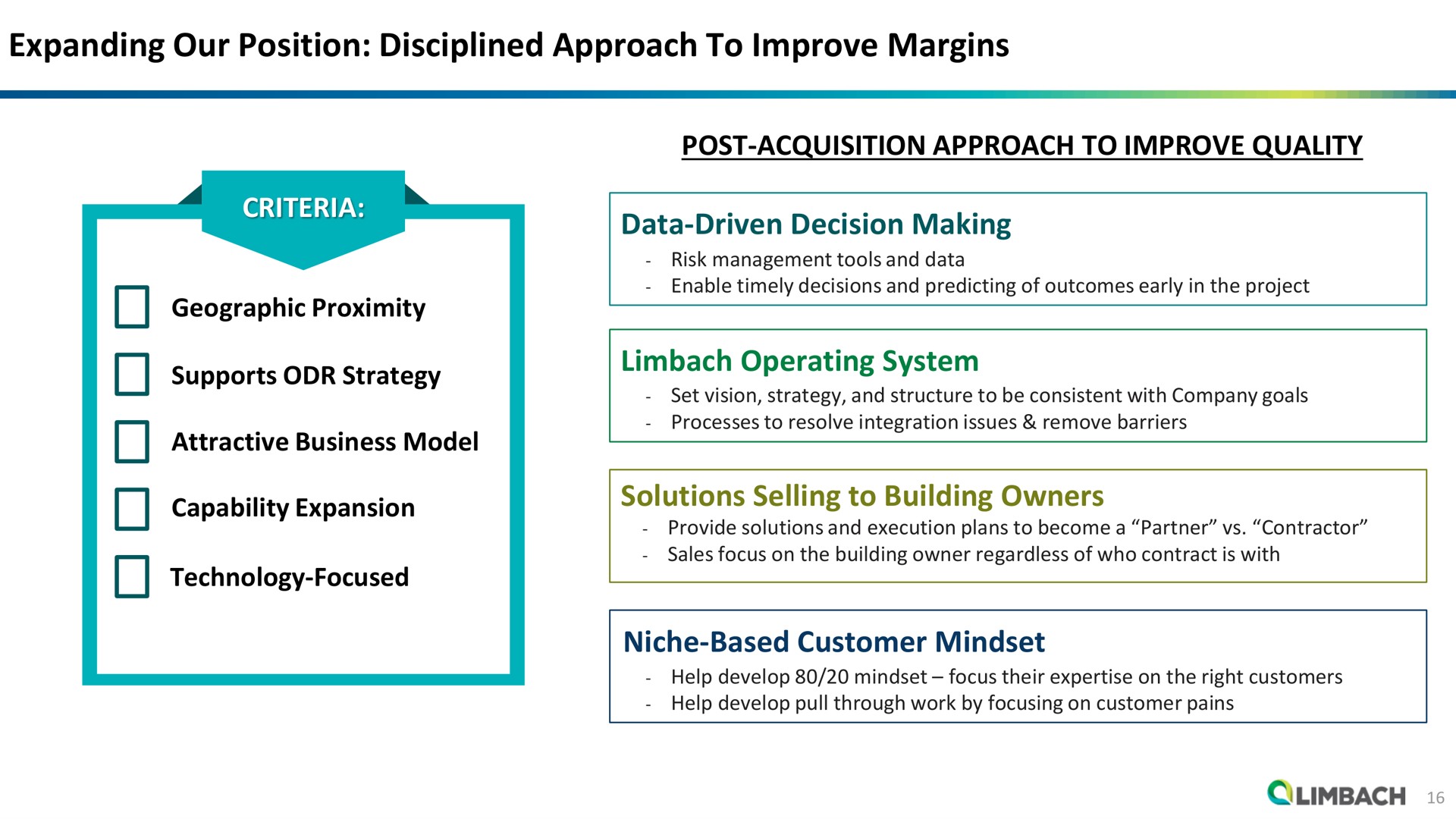 expanding our position disciplined approach to improve margins criteria geographic proximity supports strategy attractive business model capability expansion technology focused post acquisition approach to improve quality data driven decision making operating system solutions selling to building owners niche based customer out | Limbach Holdings