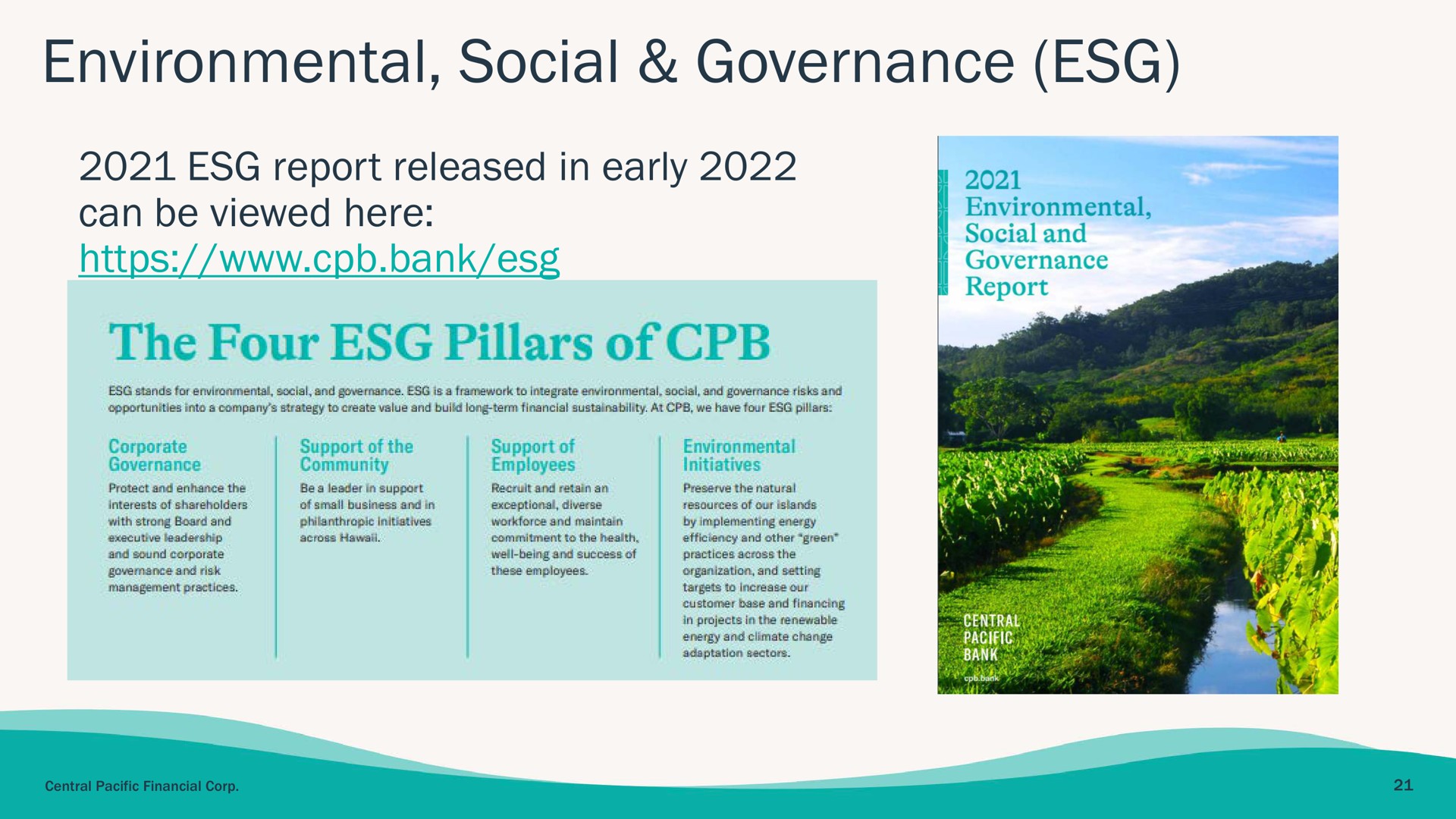 environmental social governance report released in early can be viewed here bank the four pillars of | Central Pacific Financial