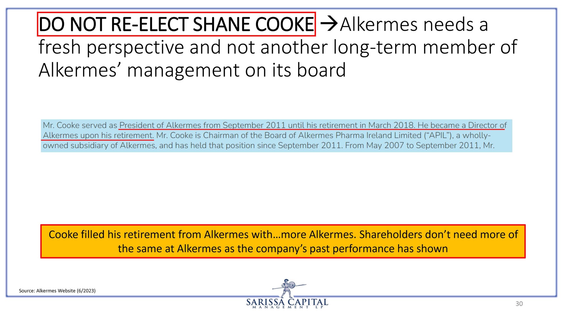 do not elect alkermes needs a fresh perspective and not another long term member of alkermes management on its board capital | Sarissa Capital