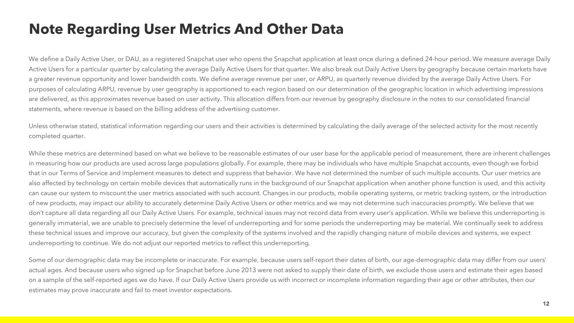 note regarding user metrics and other data | Snap Inc