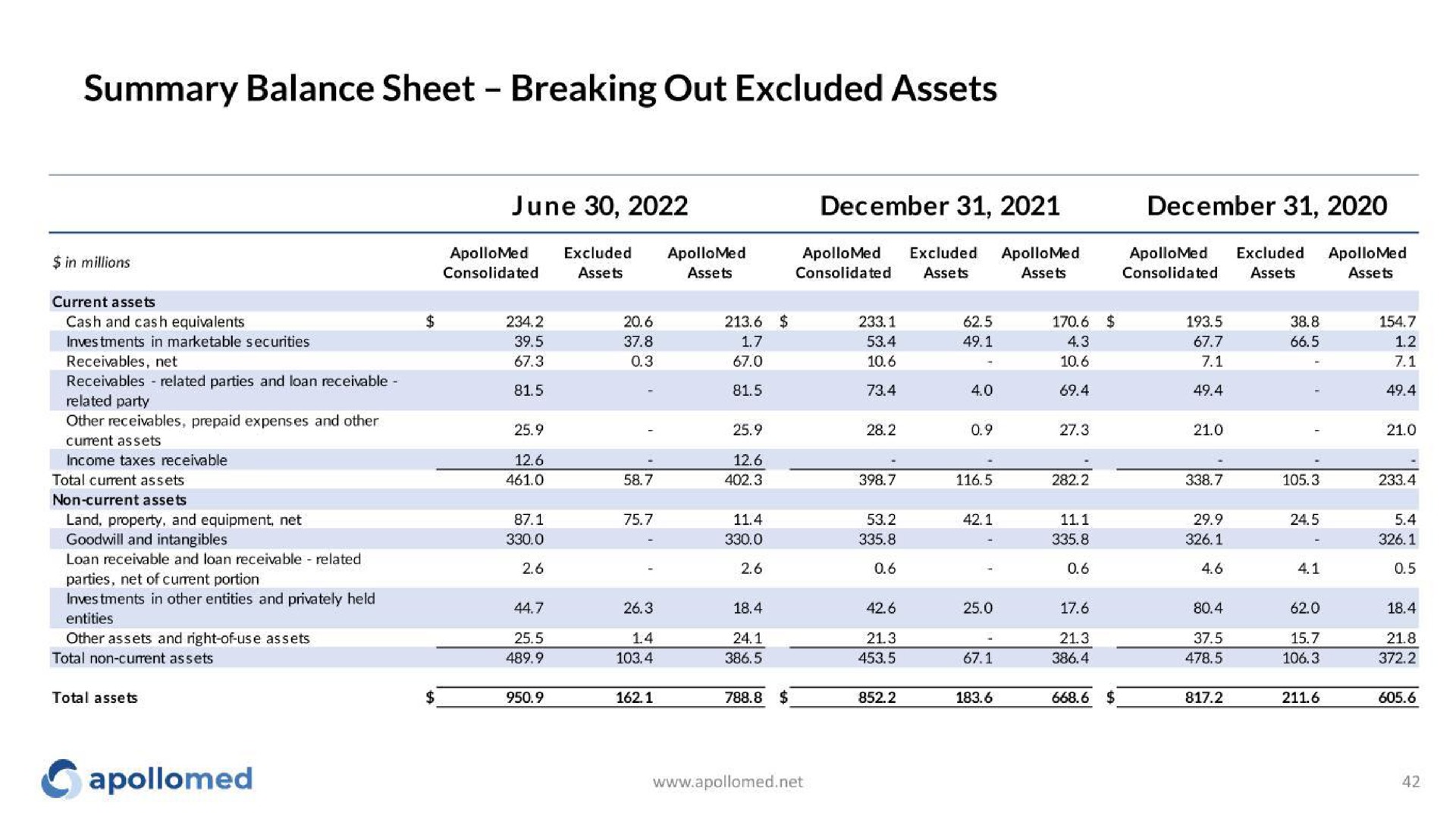 summary balance sheet breaking out excluded assets | Apollo Medical Holdings