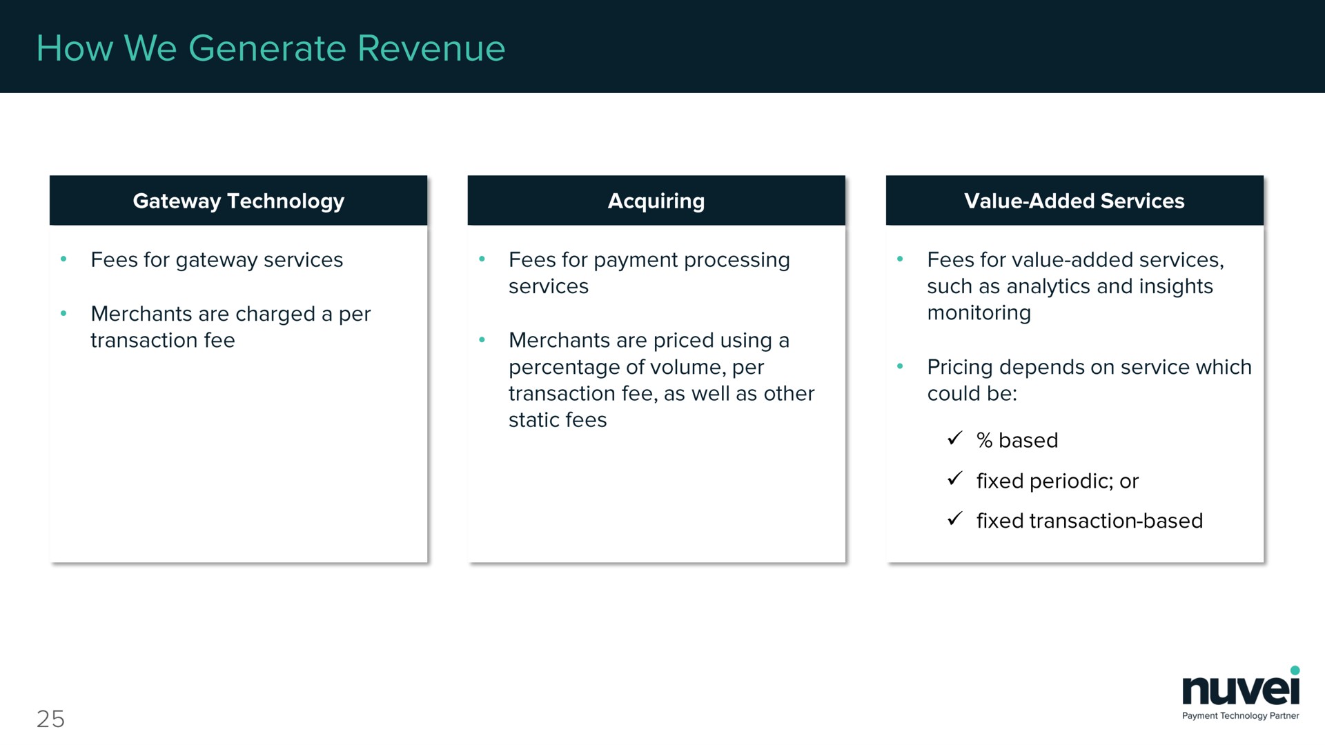 how we generate revenue based fixed periodic or | Nuvei