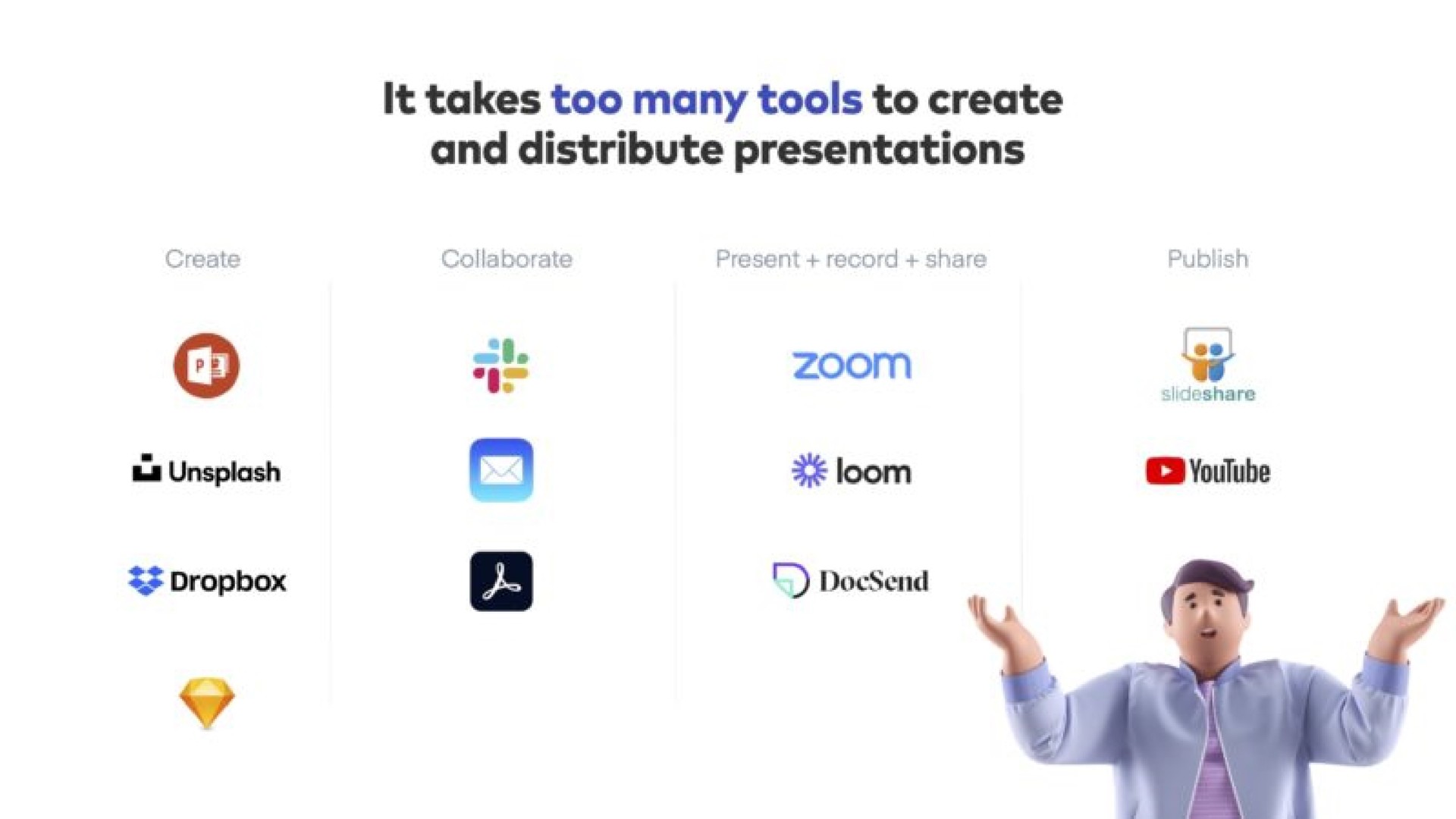 it takes too many tools to create and distribute presentations see zoom | Pitch