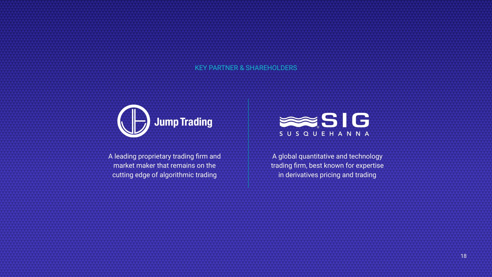 key partner shareholders a leading proprietary trading and market maker that remains on the cutting edge of algorithmic trading a global quantitative and technology trading best known for in derivatives pricing and trading jump fey firm firm | Voyager Digital