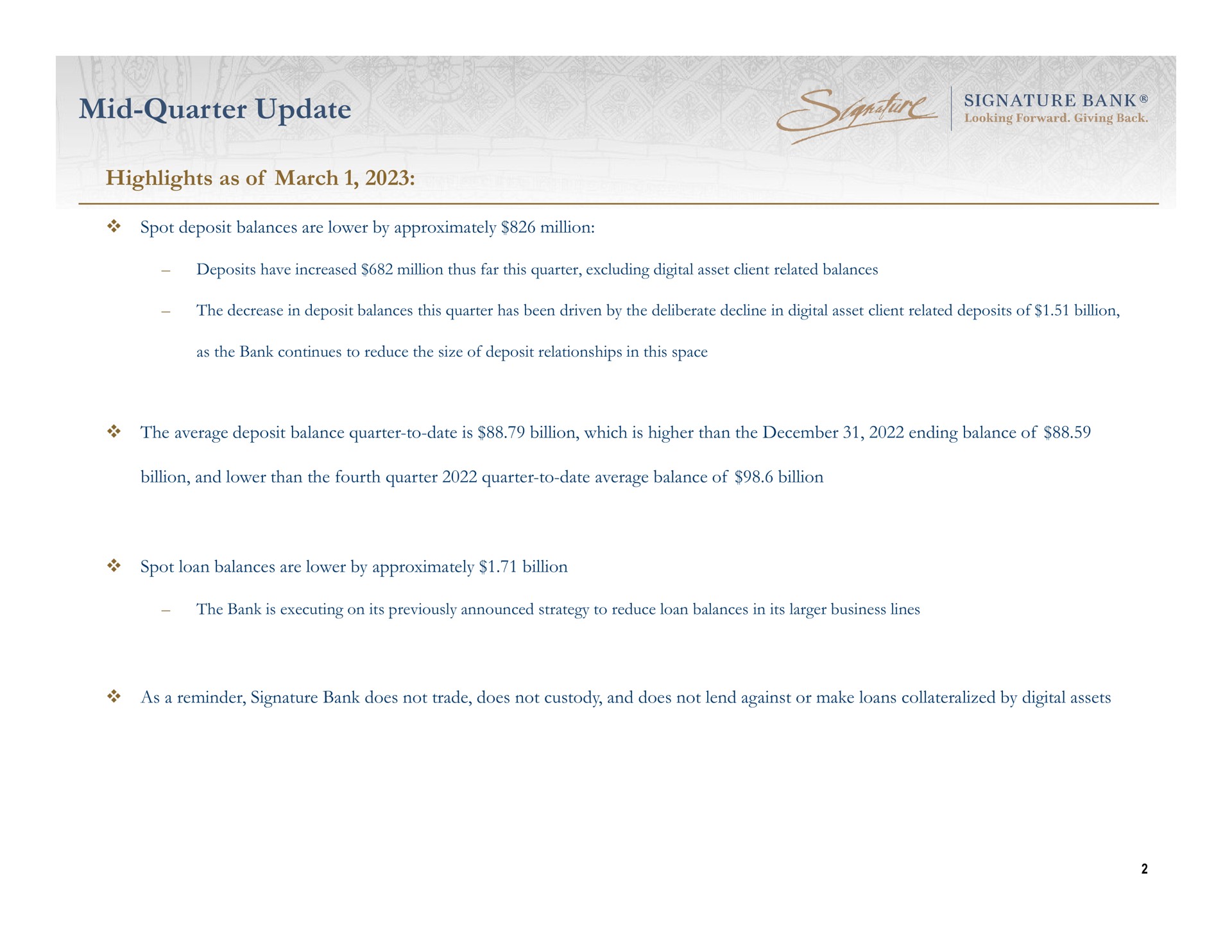 mid quarter update highlights as of march | Signature Bank