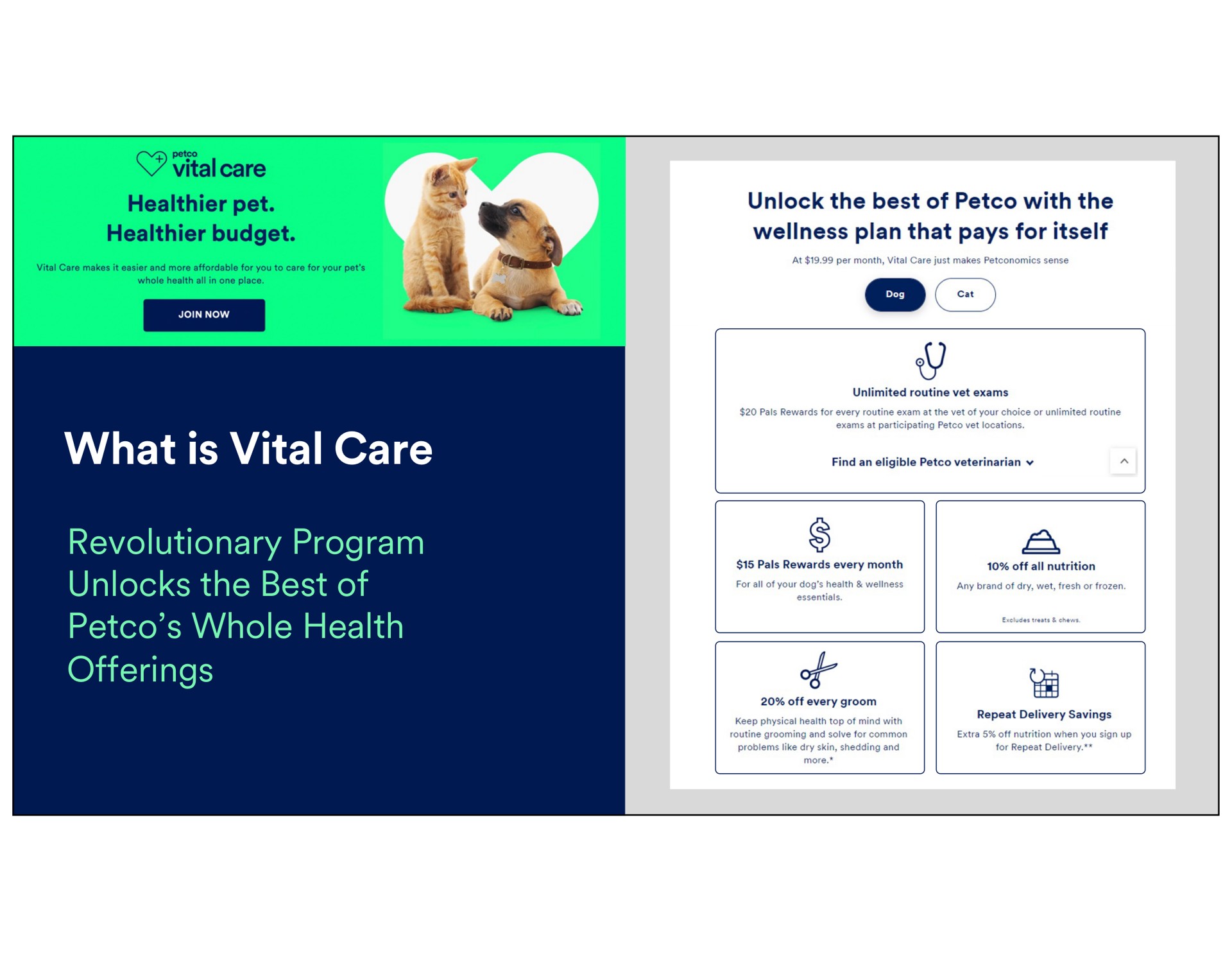 what is vital care revolutionary program unlocks the best of whole health offerings pet budget makes it easier and more affordable for you to for your pet all in one place unlock with wellness plan that pays for itself at per month just makes sense unlimited routine vet exams pals rewards for every routine exam at vet your choice or unlimited routine exams at participating vet locations find an eligible veterinarian a pals rewards every month off all nutrition wellness any brand dry wet fresh or frozen off every groom repeat delivery savings extra off nutrition when you sign up for repeat delivery | Petco