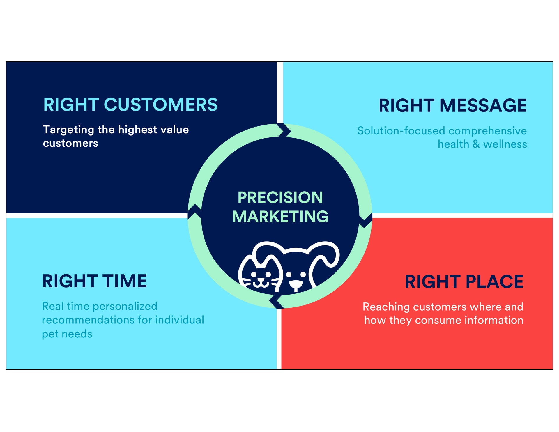 right customers right message precision marketing right time right place right place targeting the highest value solution focused comprehensive health wellness pet needs real personalized recommendations for individual reaching where and how they consume information | Petco