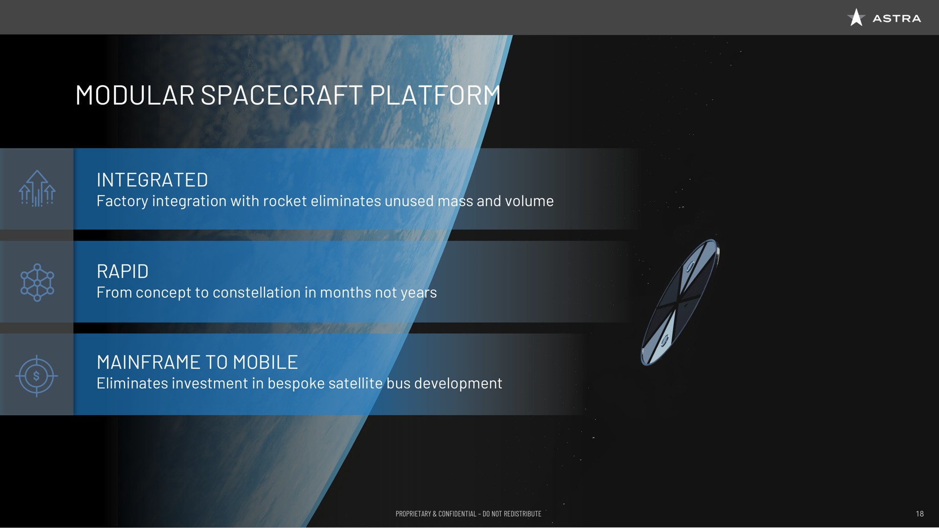 modular platform integrated factory integration with rocket eliminates unused mass and volume rapid from concept to constellation in months not years to mobile eliminates investment in bespoke satellite bus development | Astra