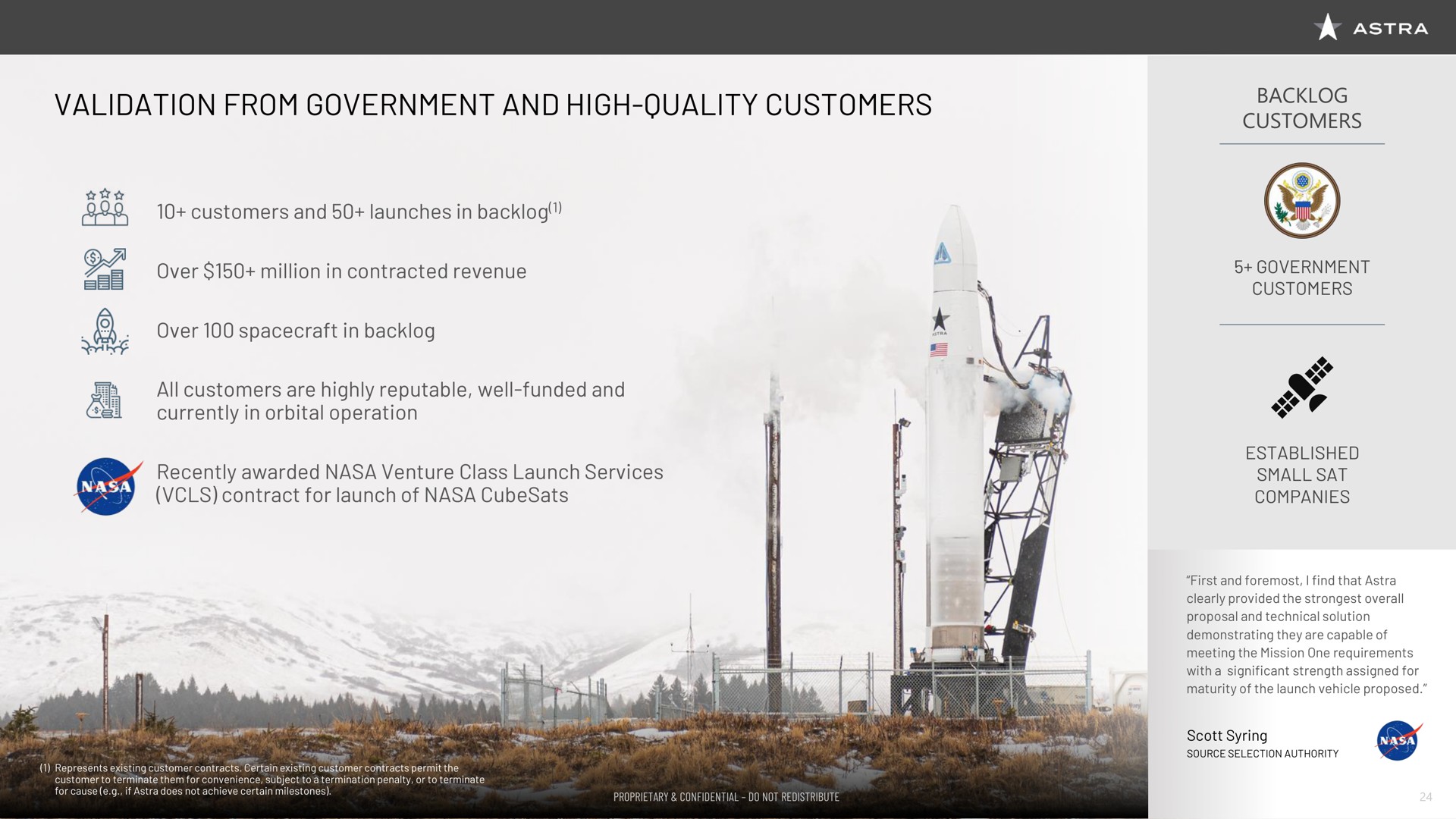 validation from government and high quality customers | Astra