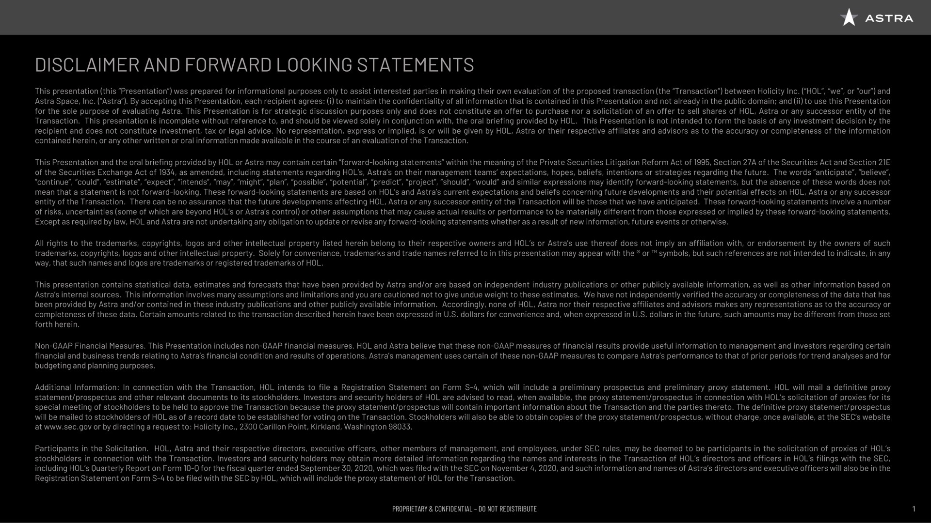 disclaimer and forward looking statements | Astra