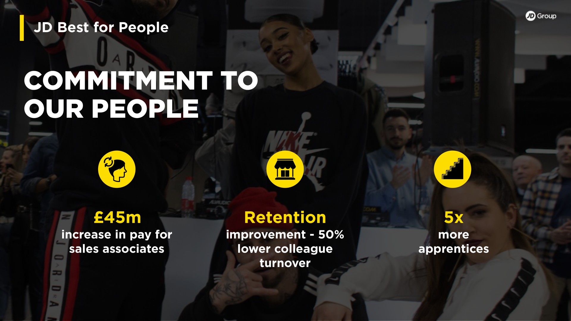 best for people commitment to our people increase in pay for sales associates retention improvement lower colleague turnover more apprentices | JD Sports