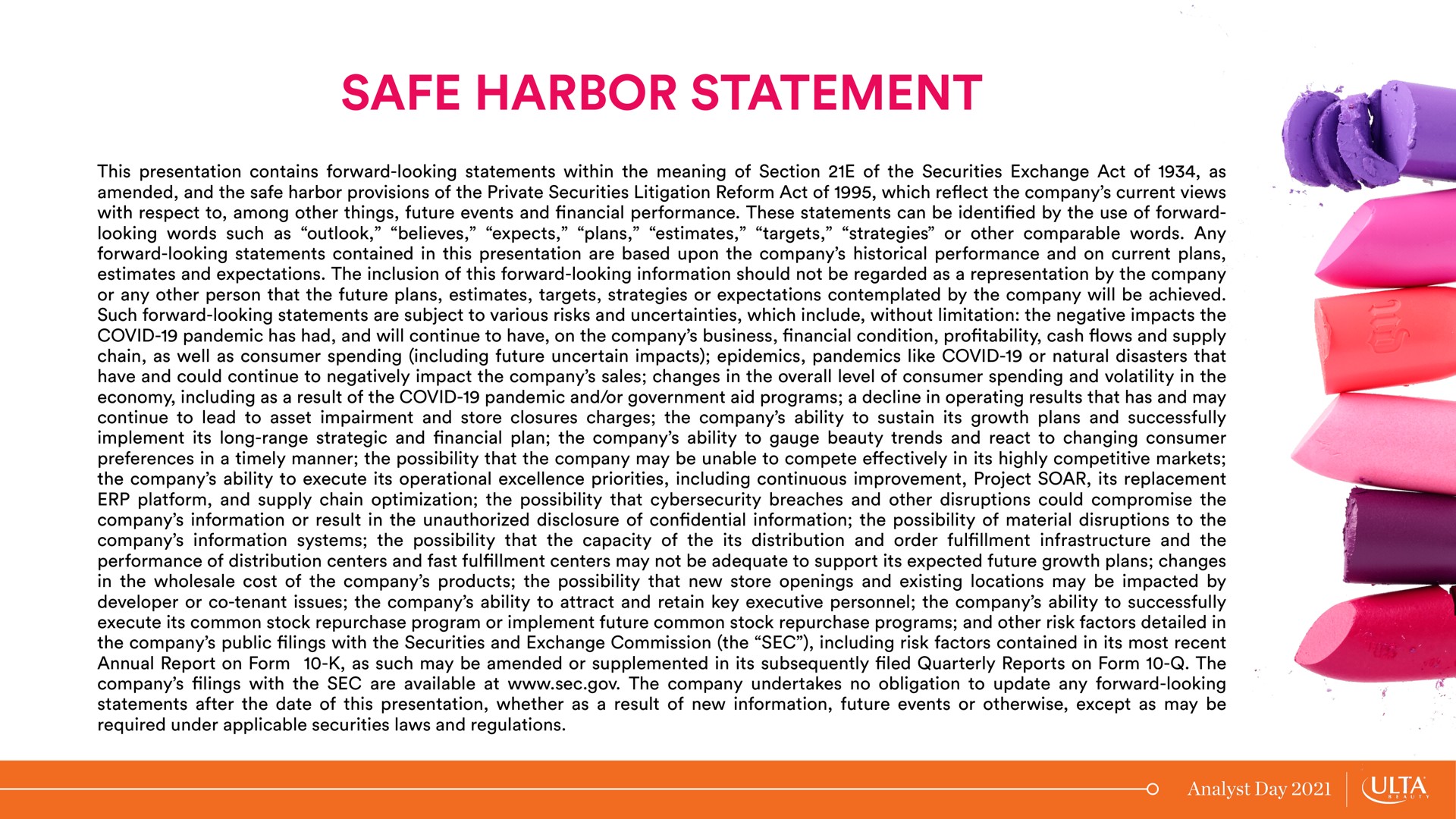 safe harbor statement | Ulta Beauty
