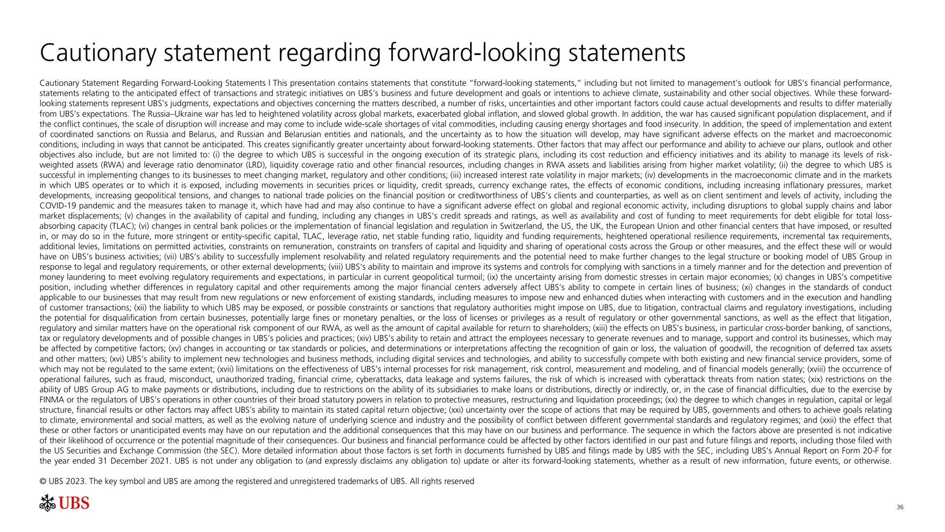 cautionary statement regarding forward looking statements looking | UBS