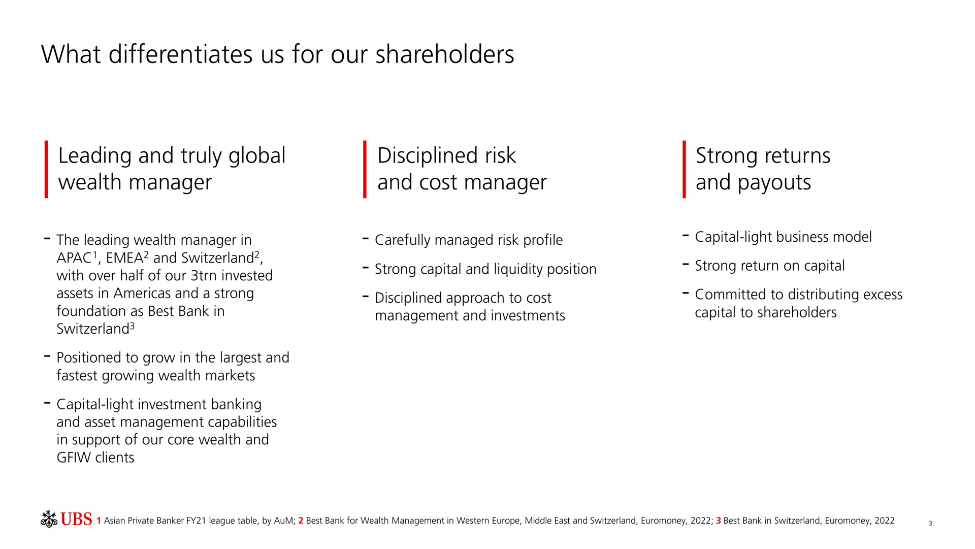what differentiates us for our shareholders leading and truly global wealth manager disciplined risk and cost manager strong returns and | UBS