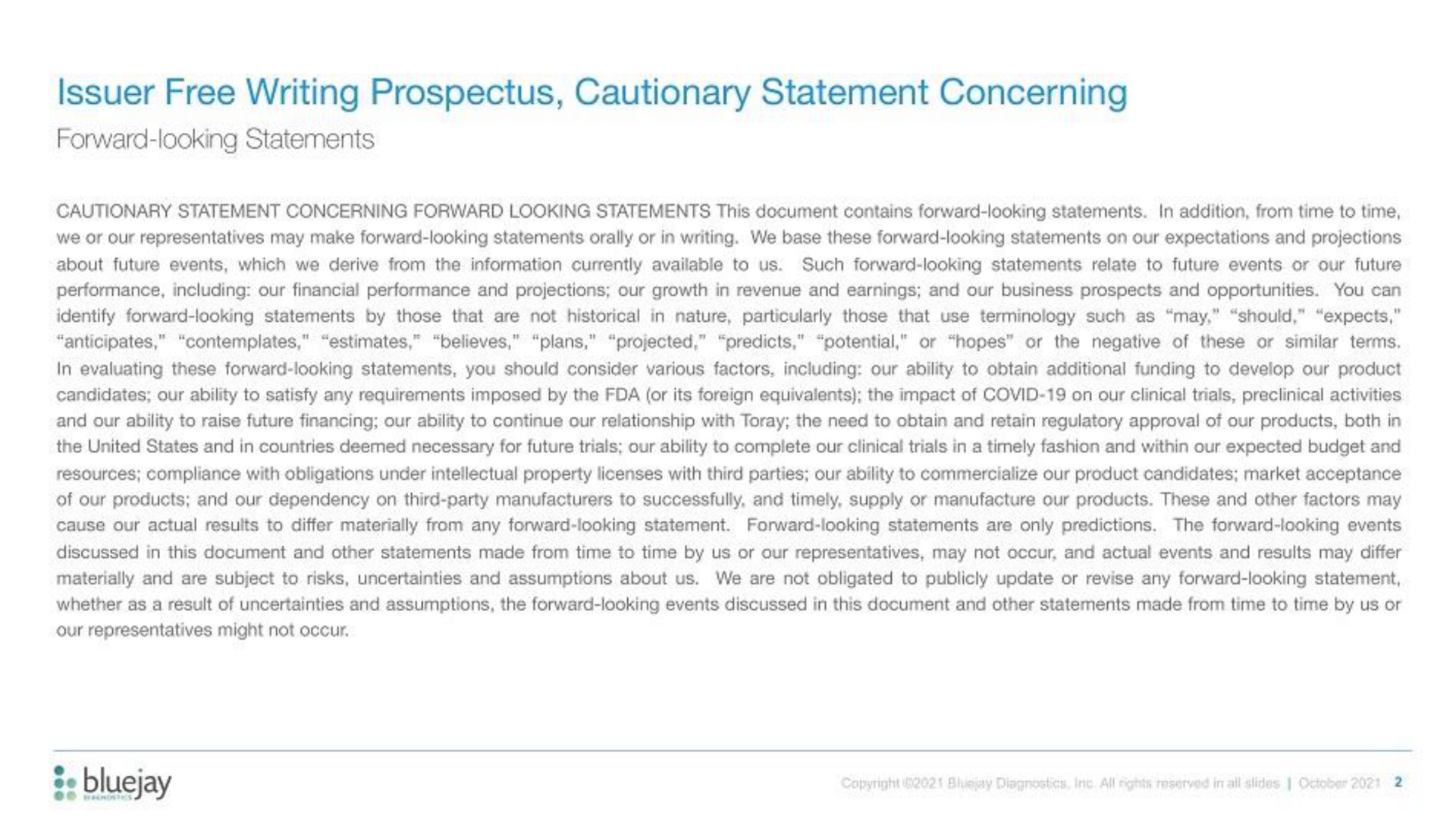 issuer free writing prospectus cautionary statement concerning | Bluejay