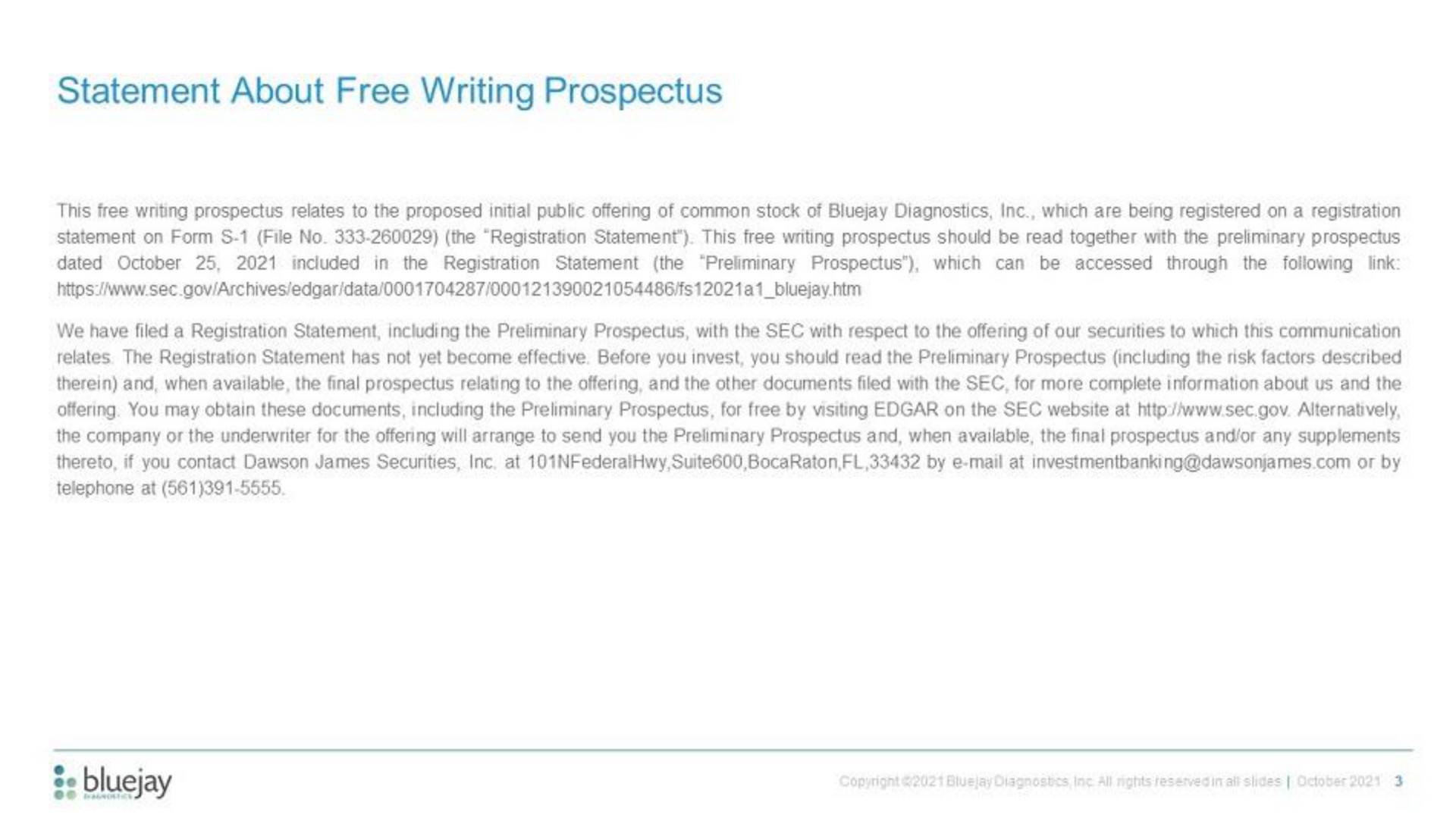 statement about free writing prospectus | Bluejay