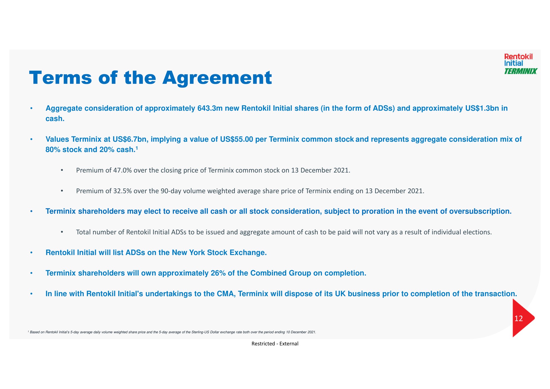 terms of the agreement | Rentokil Initial