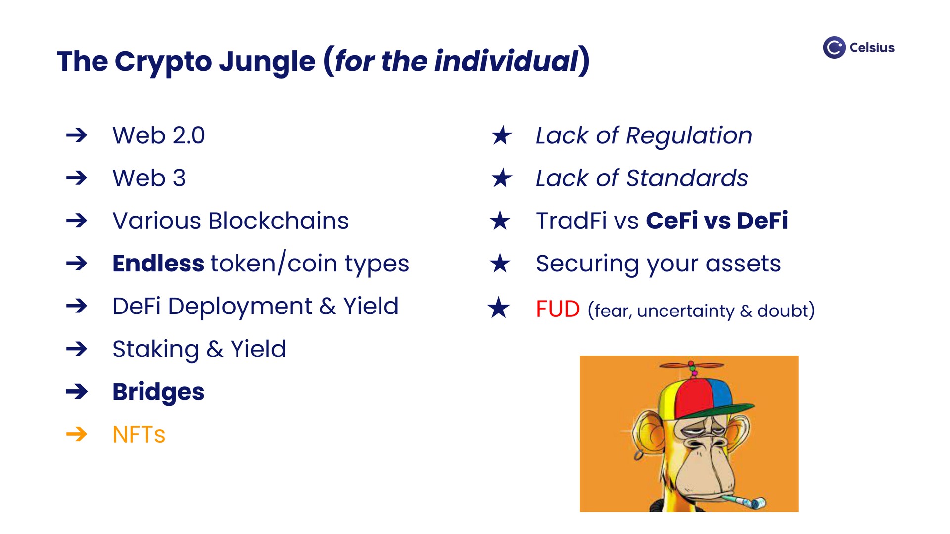 the jungle for the individual lack of regulation lack of standards securing your assets web web various endless token coin types deployment yield staking yield bridges | Celsius Network