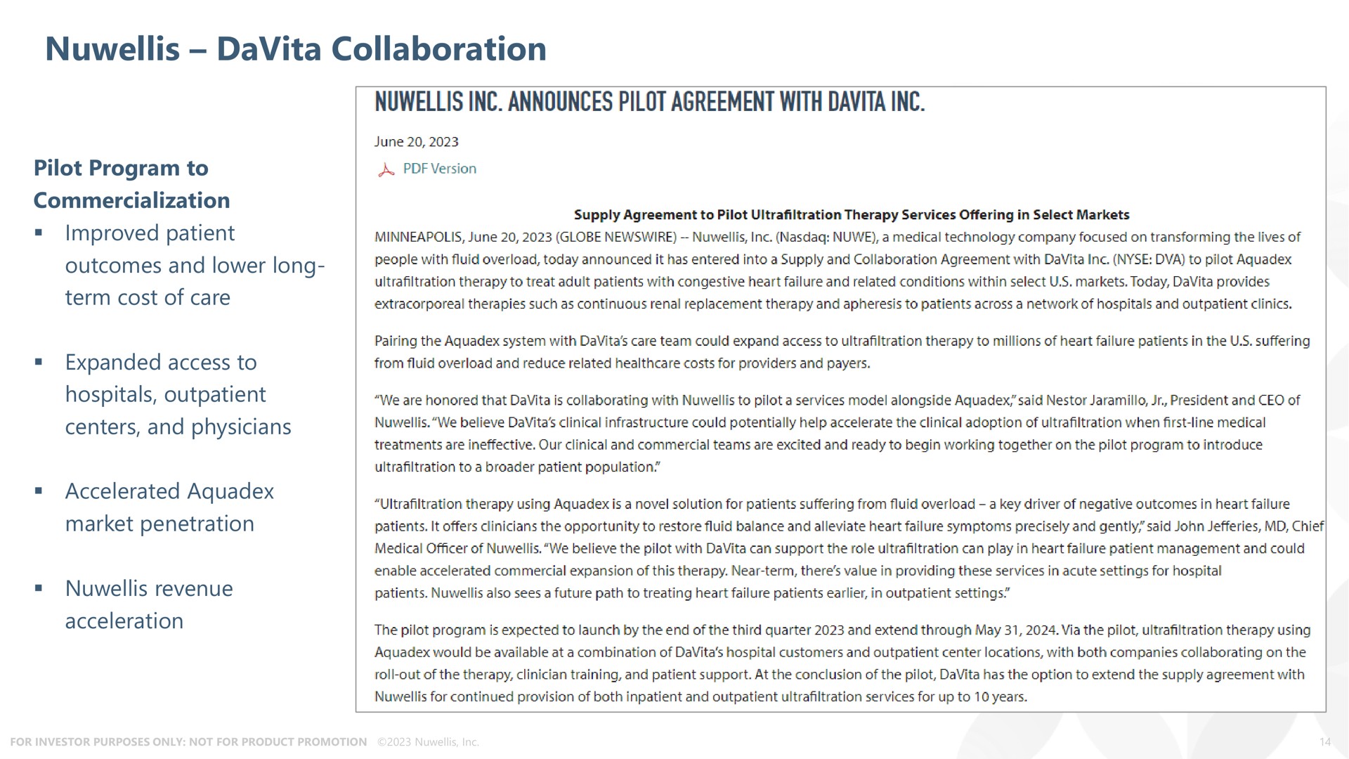 collaboration announces pilot agreement with | Nuwellis