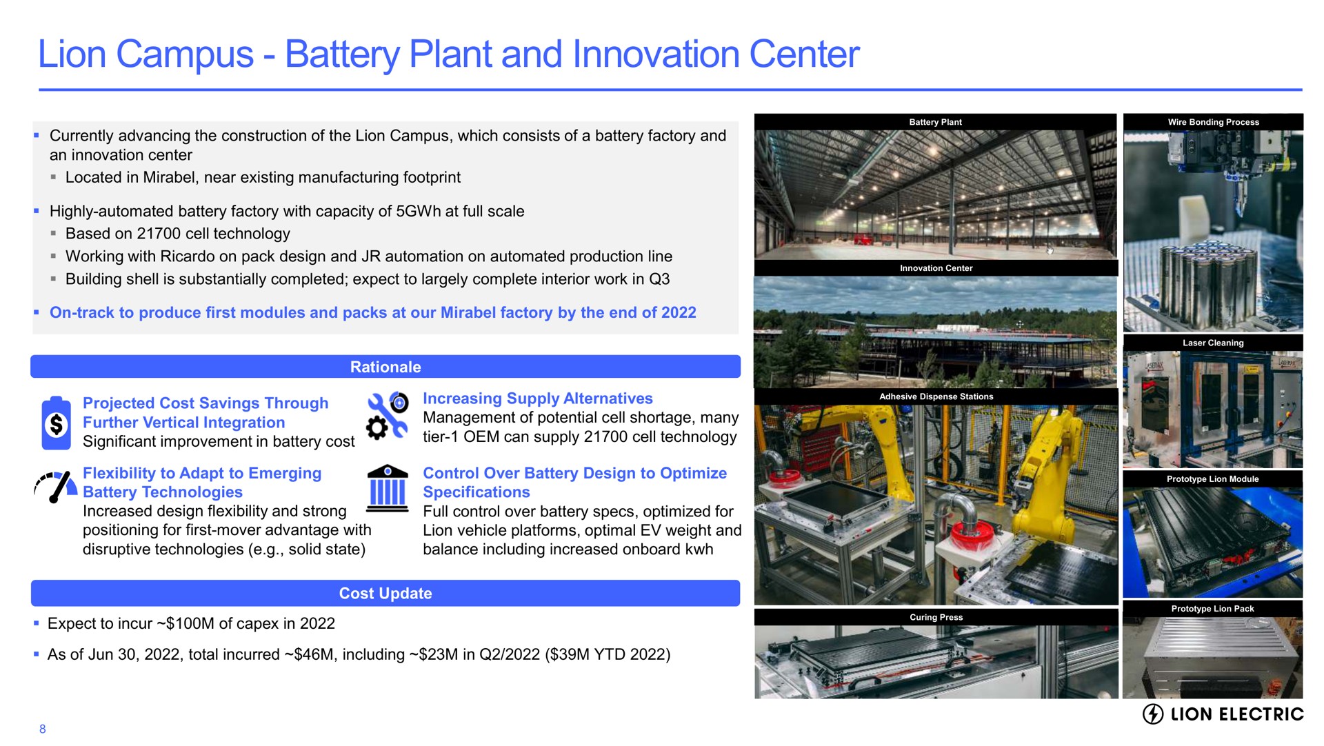 lion campus battery plant and innovation center projected cost savings through further vertical integration increasing supply alternatives management of potential cell shortage many expect to incur of in fae i i | Lion Electric