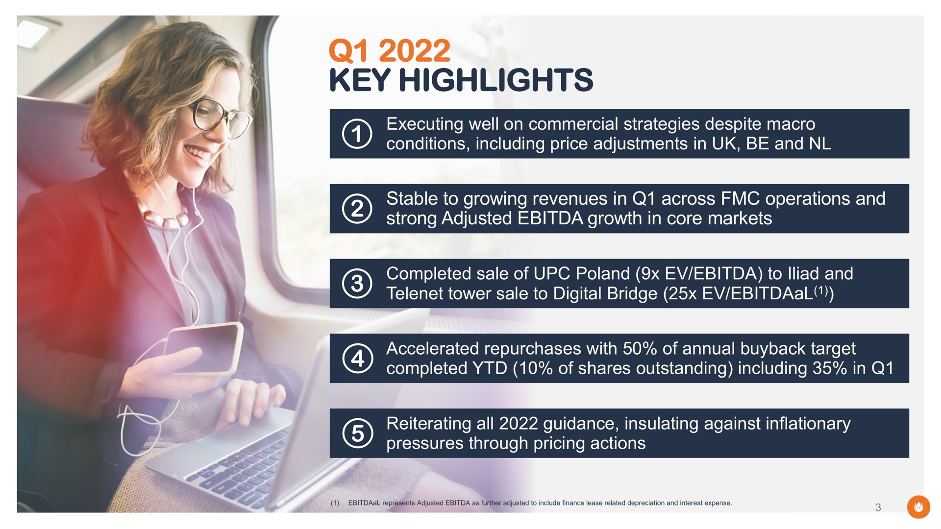 key highlights stable to growing revenues in across operations and strong adjusted growth in core markets tower sale digital bridge completed of shares outstanding including | Liberty Global